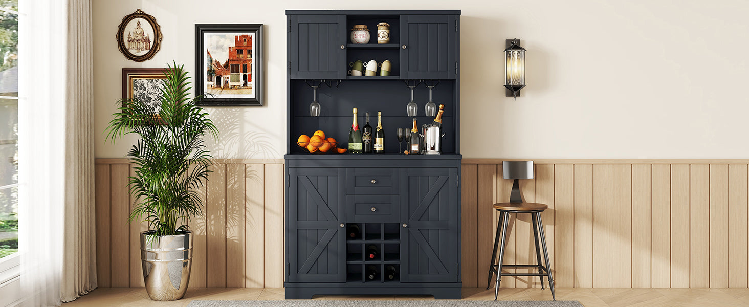 Coffee Bar Cabinet Kitchen Cabinet With Storage, Farmhouse Wine Cabinet With Drawers Shelves And Cabinets, Buffet Cabinet Wine & Glass Racks For Dining Room, Kitchen, Dark Blue Dark Blue Particle Board Mdf