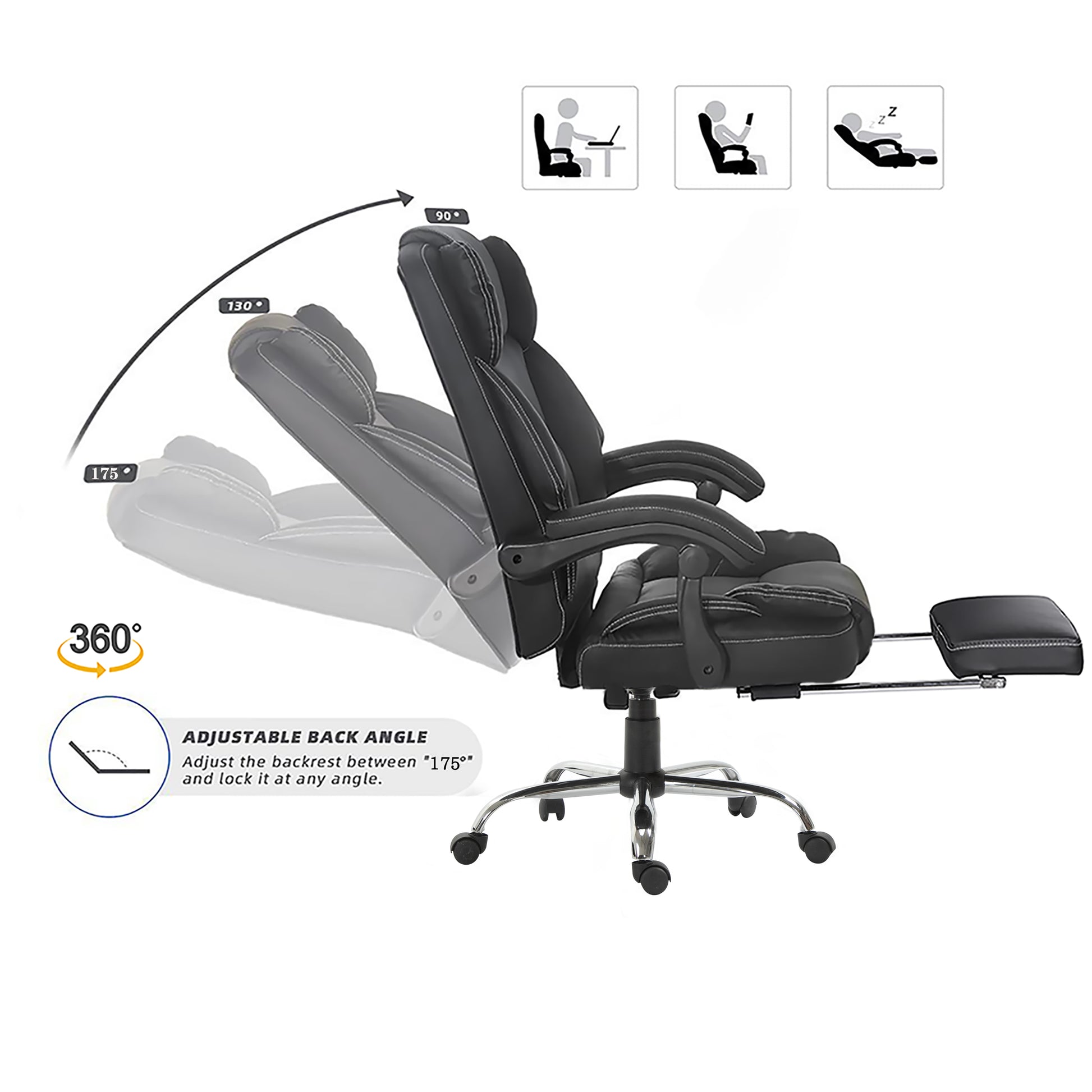 Reclining Office Chair With Massage, Ergonomic Computer Chair With Foot Rest Black Pu Iron