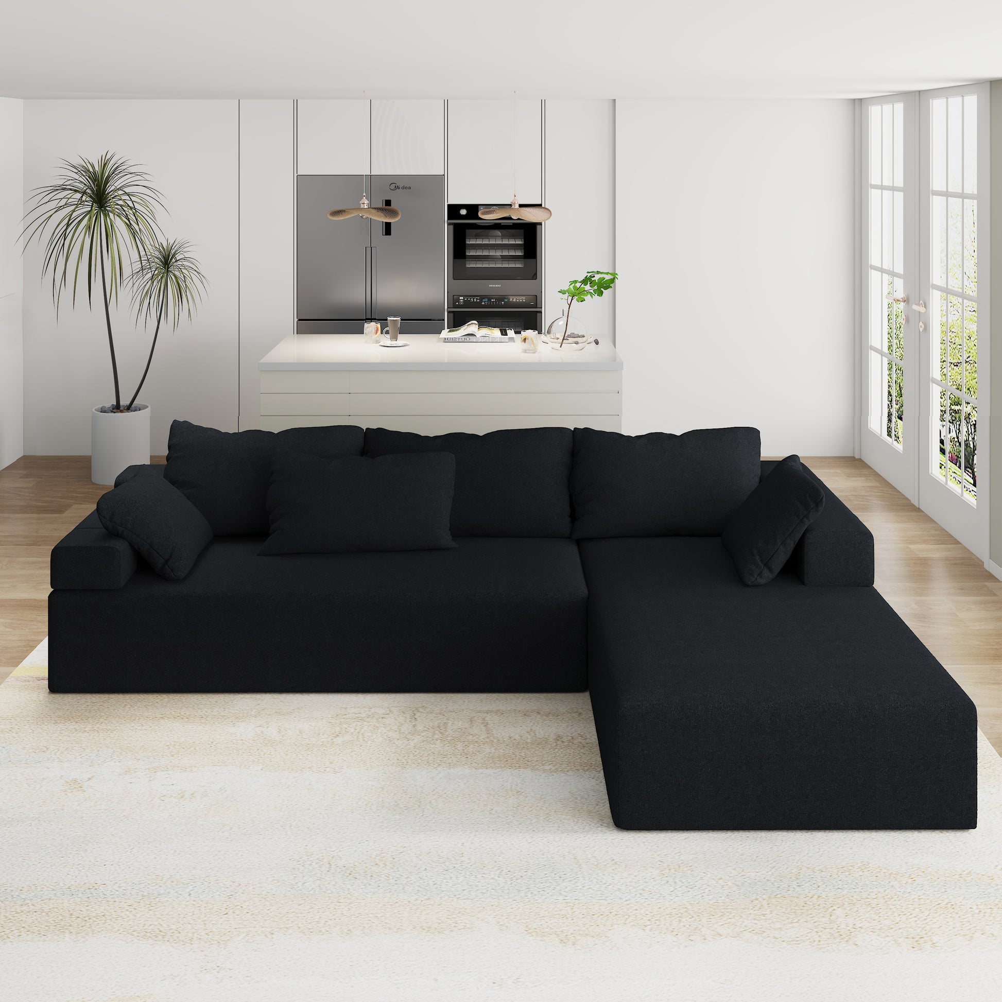 Modern Upholstered Sectional Sofa Couch Set,Modular 108" L Shaped Sectional Living Room Sofa Set With 6 Pillows,Free Combination Sofa Couch For Living Room,Bedroom Black Foam Chenille 3 Seat