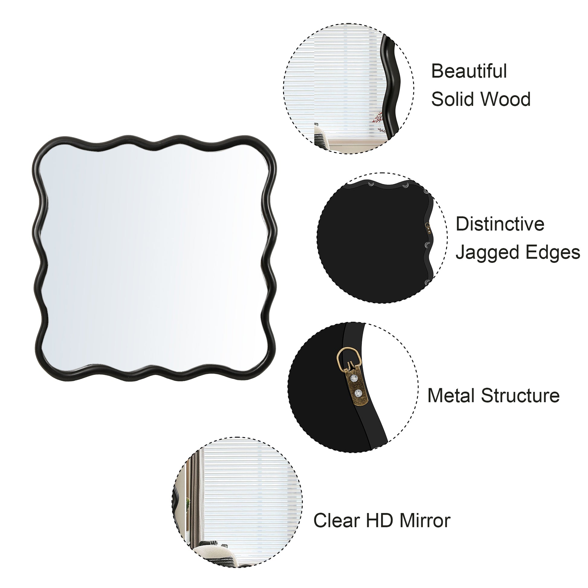 Solid Wood Wavy Square Mirror Black 36" X 36" Modern Mirror Wall Decor For Bathroom, Bedroom, Living Room, Dining Room, Cloakroom, Entryway Black Glass Solid Wood