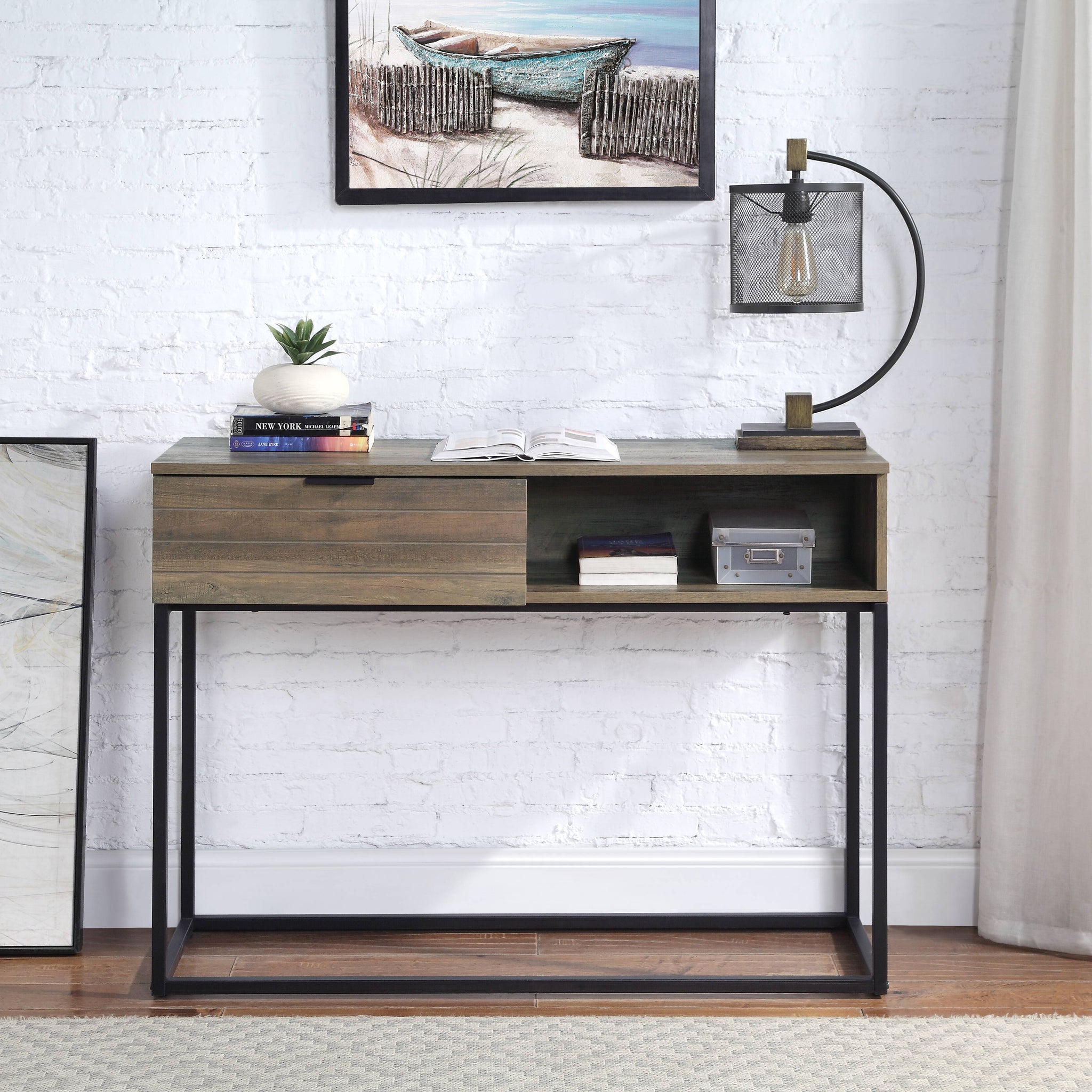 Galeno Writing Desk, Rustic Oak & Black Finish Of00320 Black Mdf Metal