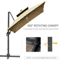 Outsunny 10Ft Cantilever Patio Umbrella With Solar Led Lights & Power Bank, Double Top Outdoor Offset Umbrella With 360 Rotation, Tilt, Crank & Cross Base For Garden, Khaki Khaki Aluminium