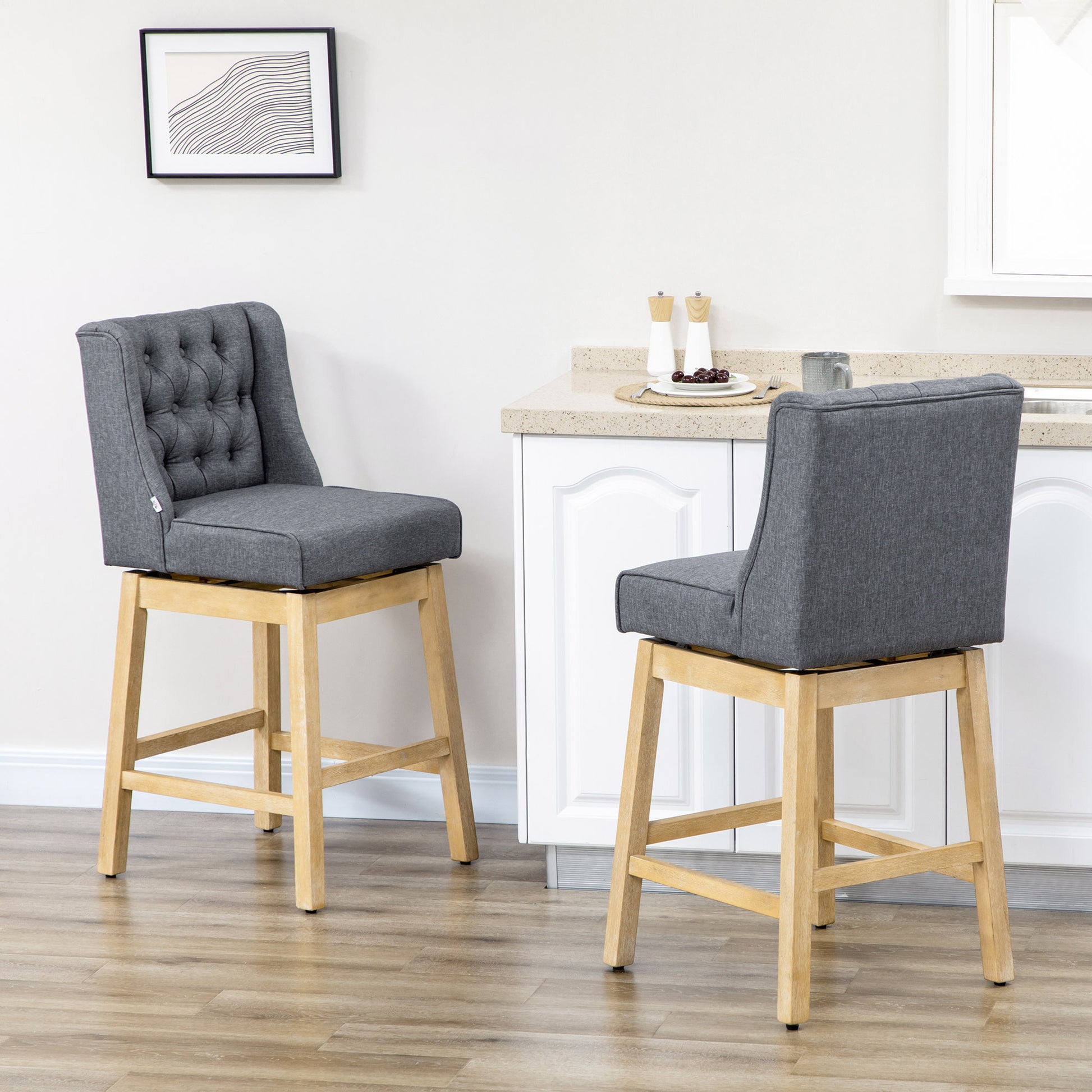 Homcom Bar Height Bar Stools Set Of 2, 180 Degree Swivel Barstools, 30" Seat Height Bar Chairs With Solid Wood Footrests And Button Tufted Design, Gray Grey Polyester