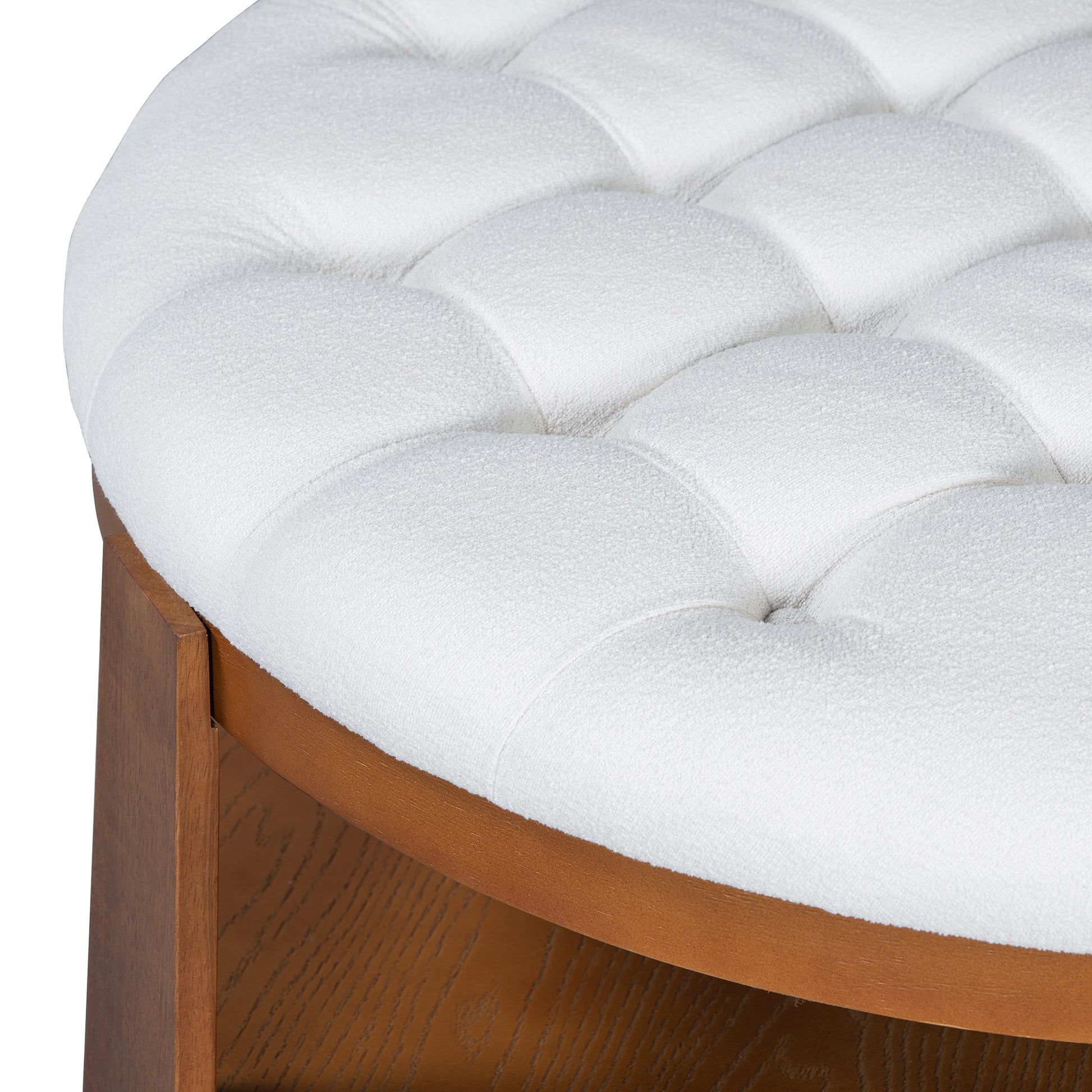 Modern Large Round Ottoman Coffee Table 2 Tier Oversized Button Tufted Ottoman With Wood Shelf Storage Upholstered Coffee Table For Living Room Footrest Ottoman With Wheel, Waterproof Linen Ivory White Rubber Wood