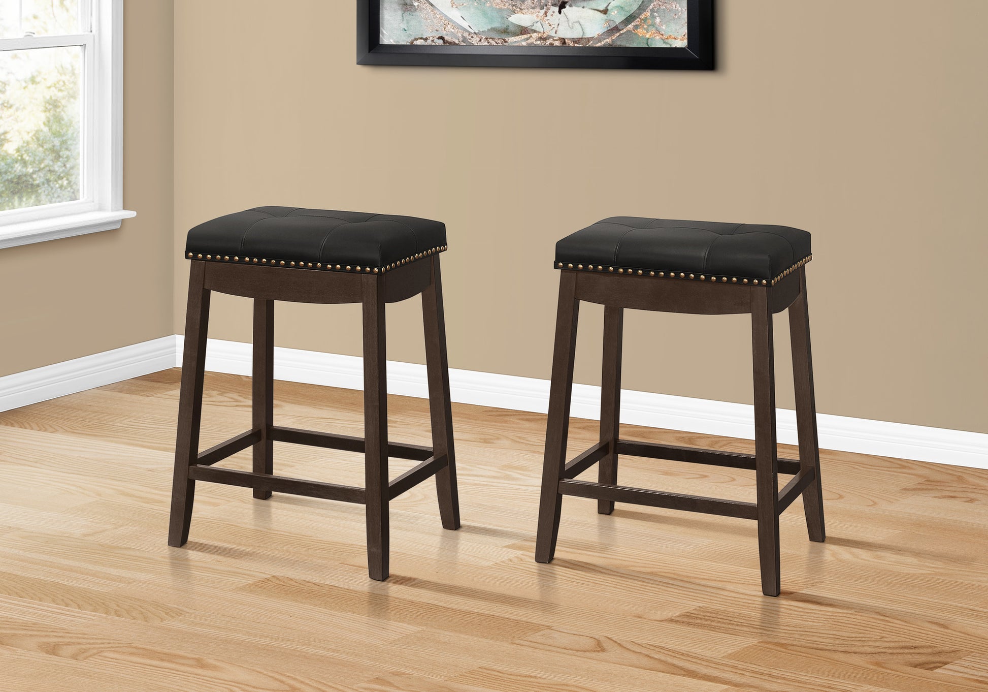 Bar Stool, Set Of 2, Counter Height, Saddle Seat, Kitchen, Brown Wood, Black Leather Look, Transitional Espresso Foam Solid Wood