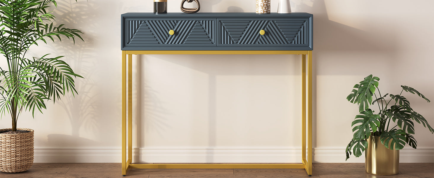 Modern Sleek Console Table Two Drawers With Stripe Design For Living Room And Entryway Grey Grey Mdf