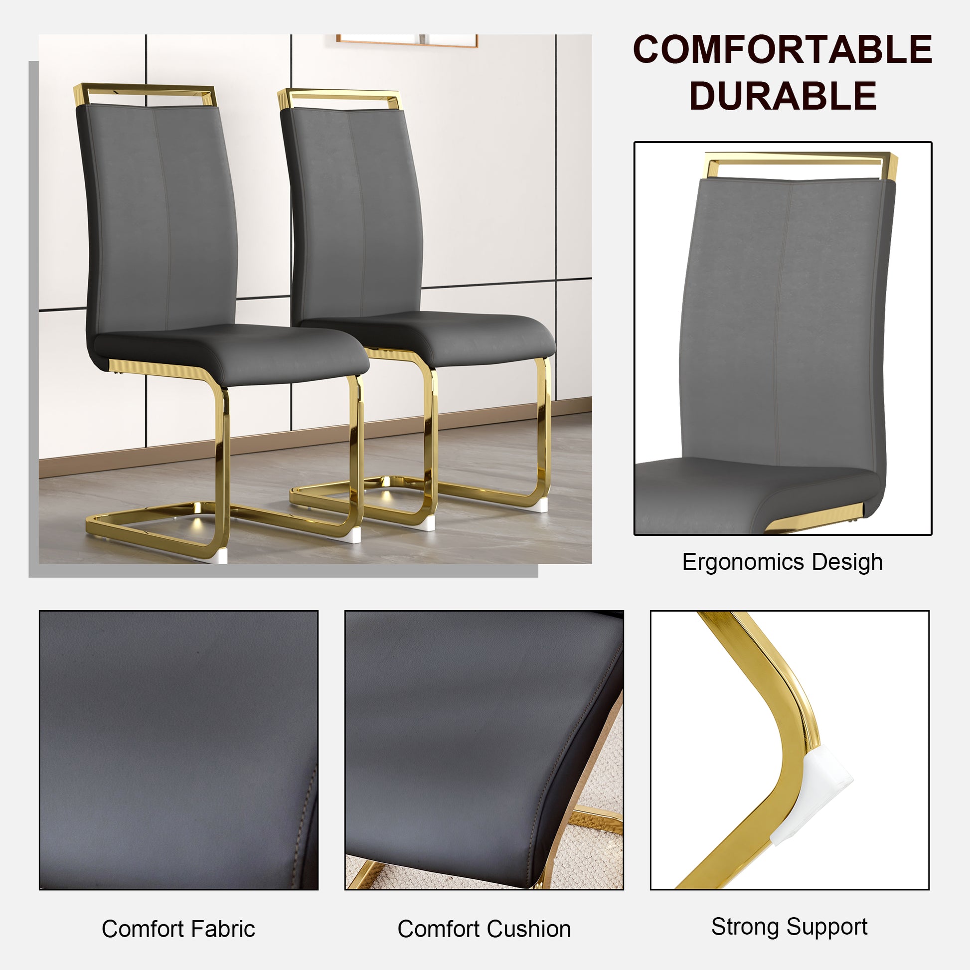 Table And Chair Set, The Table Is Equipped With A Marble Patterned Mdf Tabletop And Gold Table Legs.The Chair Is Equipped With Pu Synthetic Leather High Back Cushion And Gold Coated Metal Legs. Grey Gold Seats 6 Mdf Metal