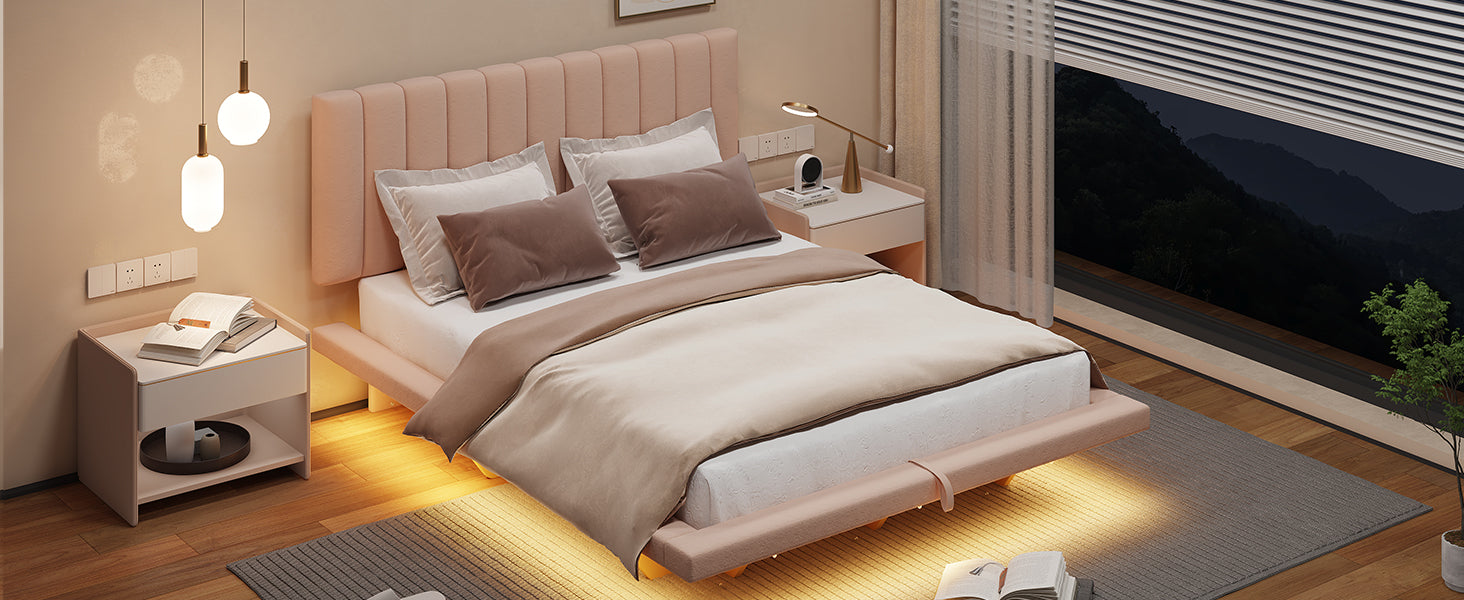 Queen Size Upholstered Floating Bed With Led Light And Usb Port, Velvet, Pink, Hydrualic Platform Bed Queen Pink Velvet
