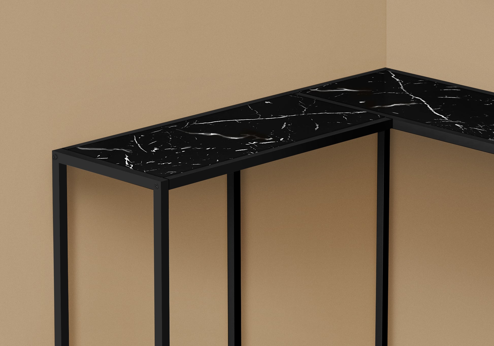 Accent Table, Console, Entryway, Narrow, Corner, Living Room, Bedroom, Black Marble Look Laminate, Black Metal, Contemporary, Modern Black Particle Board