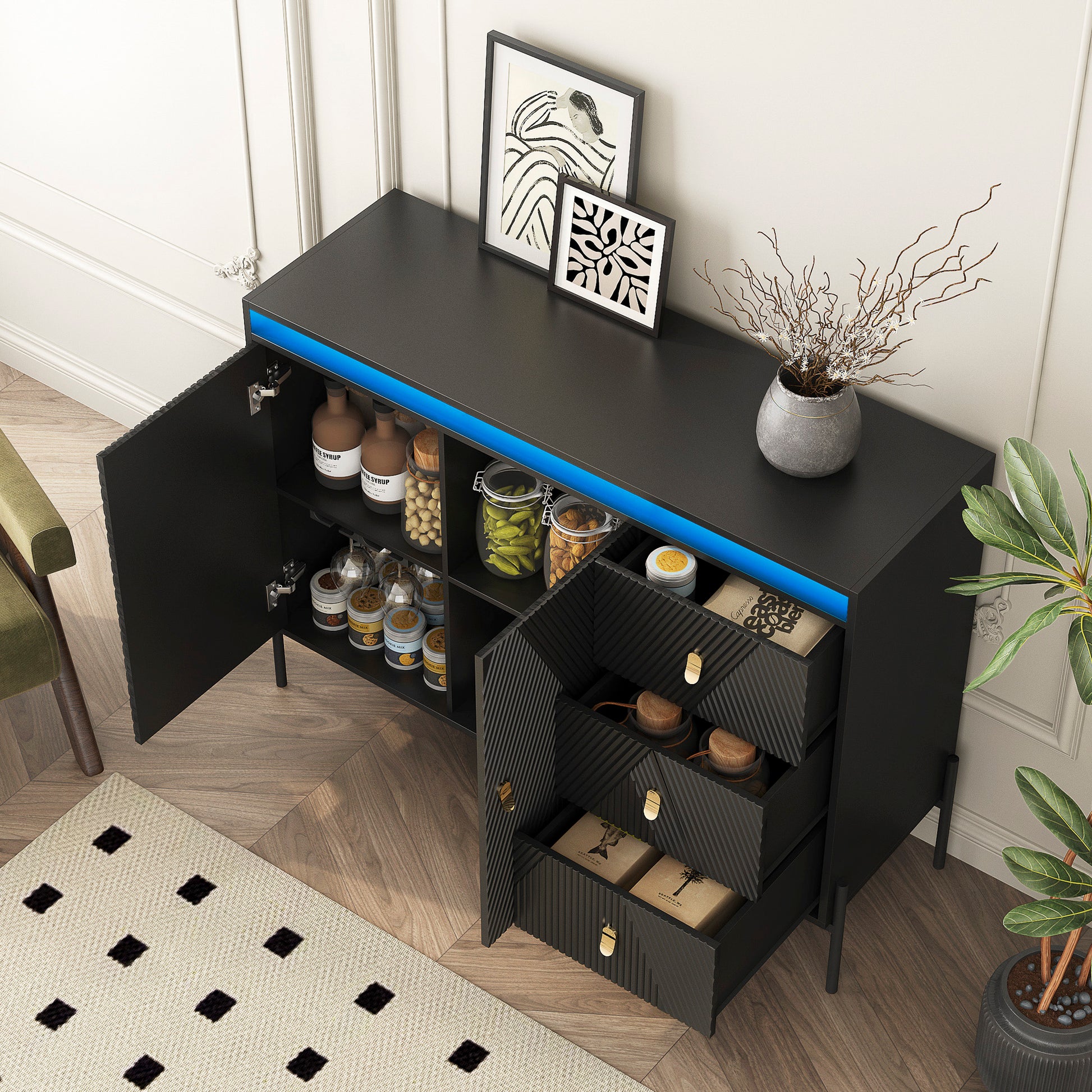 Buffets & Sideboards, Fluted Sideboard Cabinet, 2 Door 3 Drawer Design, With Led Lights,Acceent Black Sideboard Elegant Cabinet Ideal For Dining Room And Kitchen Storage,Black Black Mdf