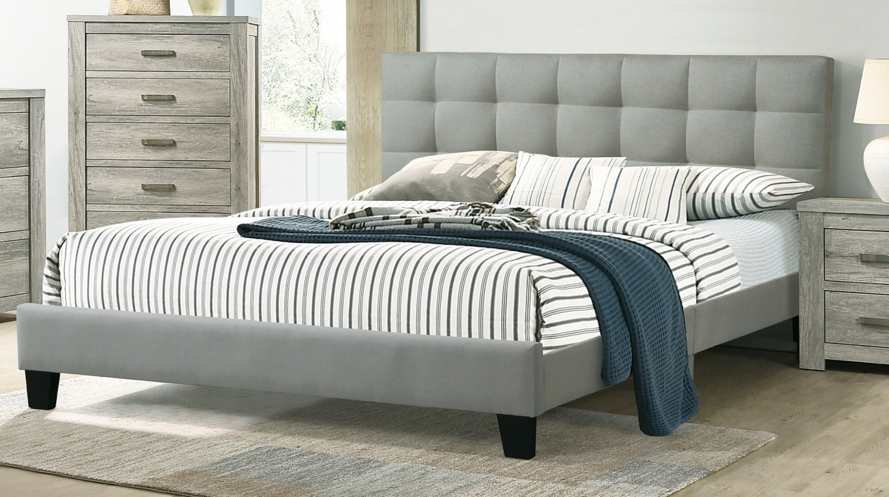 Contemporary 1Pc Queen Size Bed Grey Polyfiber Tufted Headboard Platform Bedframe Bedroom Furniture Box Spring Not Required Queen Grey,Light Gray Wood Bedroom Modern,Transitional Rubberwood Bed