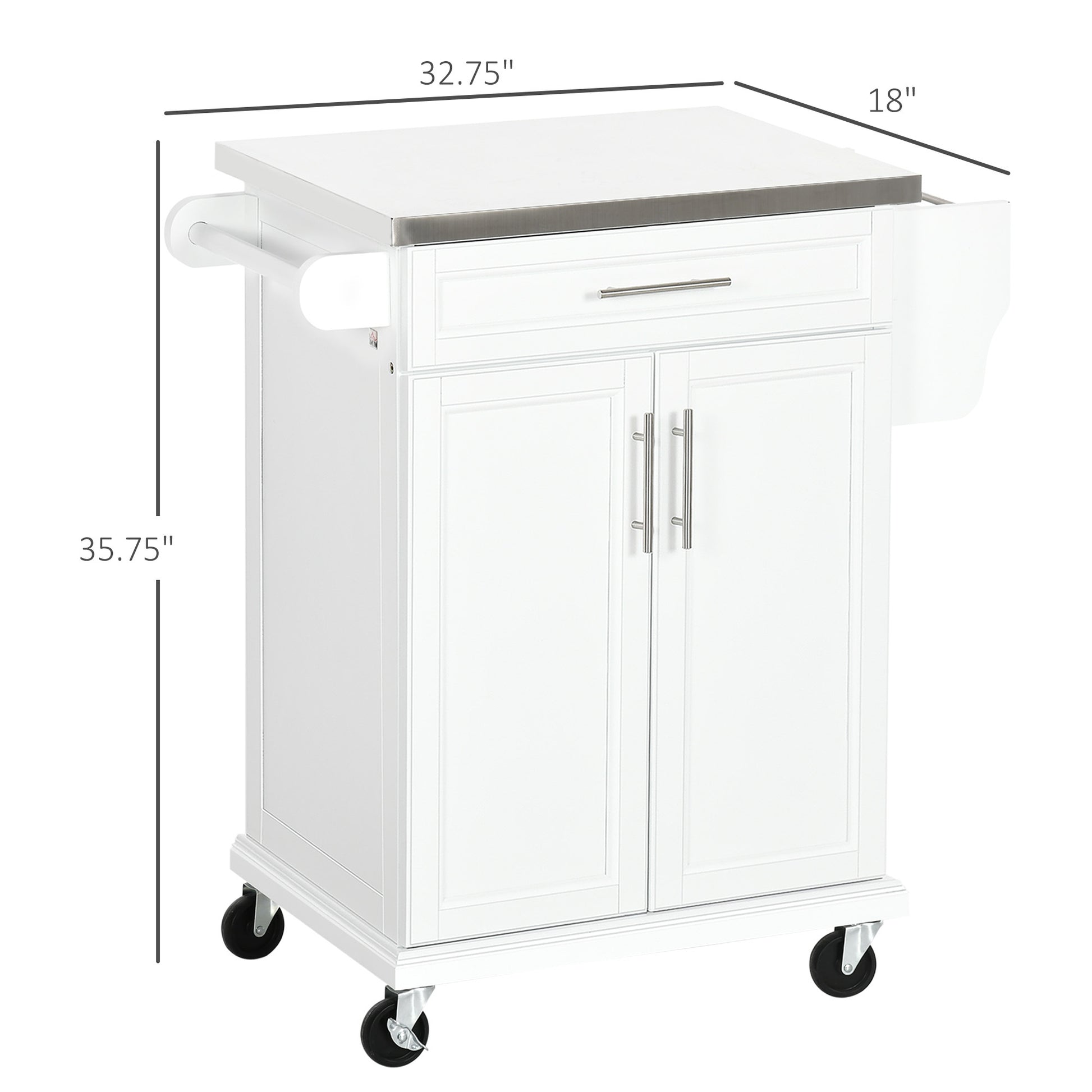 Homcom Kitchen Island On Wheels, Rolling Kitchen Cart With Stainless Steel Countertop, Drawer, Towel Rack And Spice Rack, Utility Storage Trolley, White White Mdf