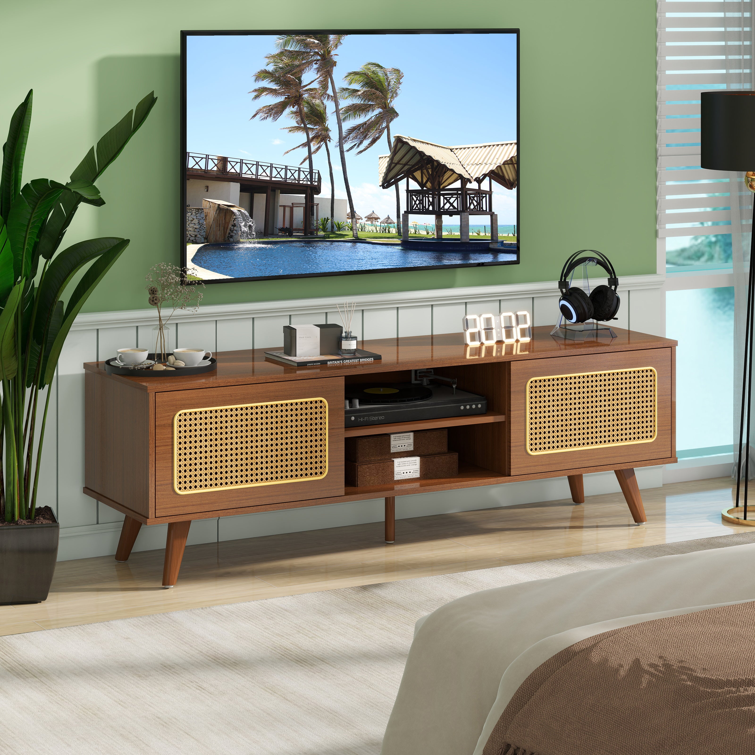 Mid Century Modern Rattan Tv Stand For 55 60 65 Inch Tventertainment C