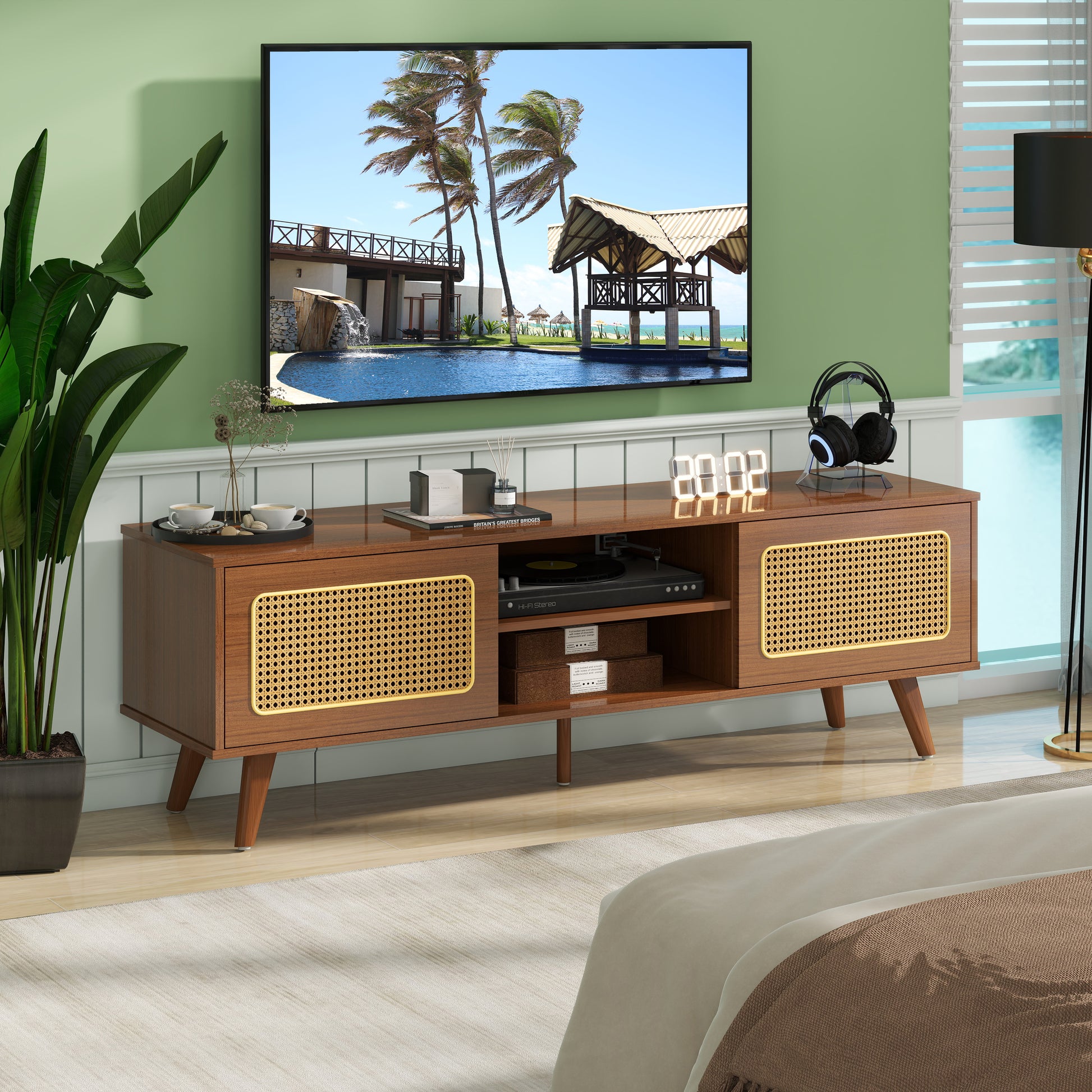Mid Century Modern Rattan Tv Stand For 55 60 65 Inch Tventertainment Cabinet, Media Console For Living Room Bedroom Media Room, Solid Wood Feet & Rattan Cabinet Doors Walnut, 59" Black Brown Brown