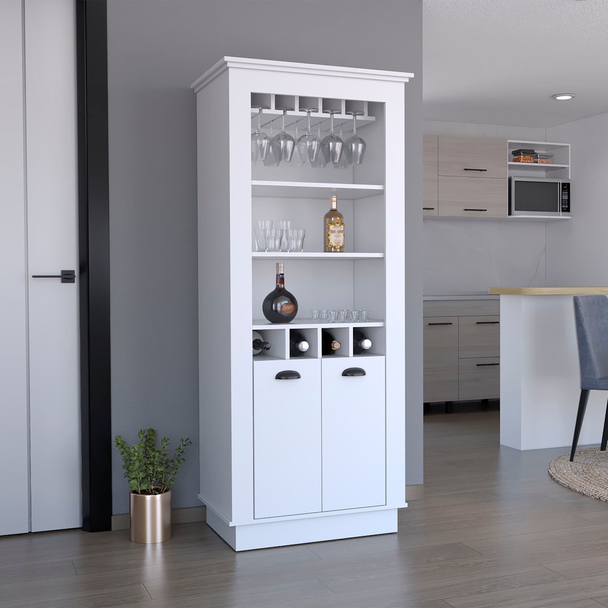 Lafayette Bar Cabinet With 4 Bottle Rack, Upper Glass Holder And Dual Door Design White White Particle Board