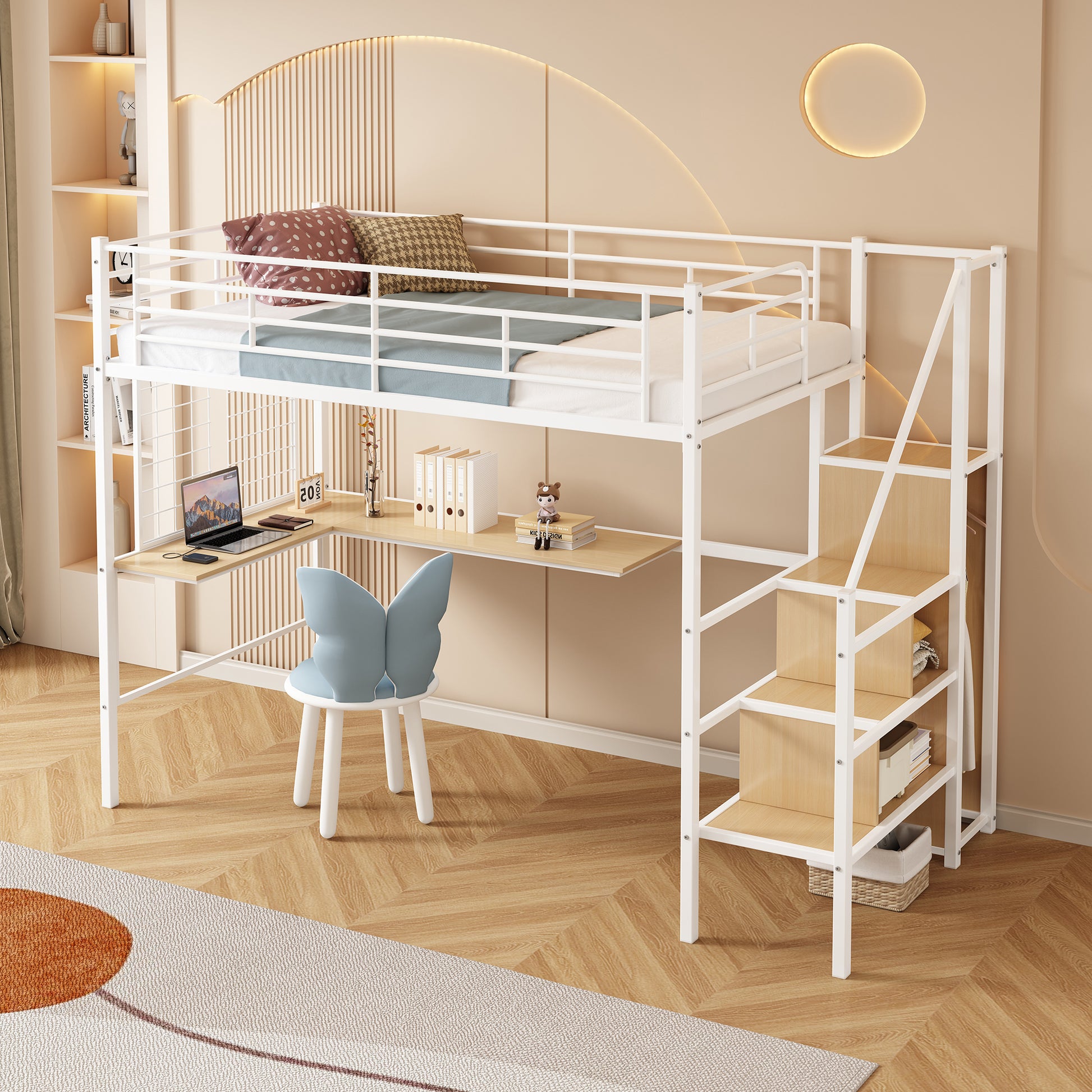 Twin Loft Bed With Desk And Storage Wardrobe, Heavy Duty Loft Bed With Stairs And Metal Grid, Twin Size Loft Bed, No Box Spring Needed, White Loft Bed Twin Size White Box Spring Not Required Twin