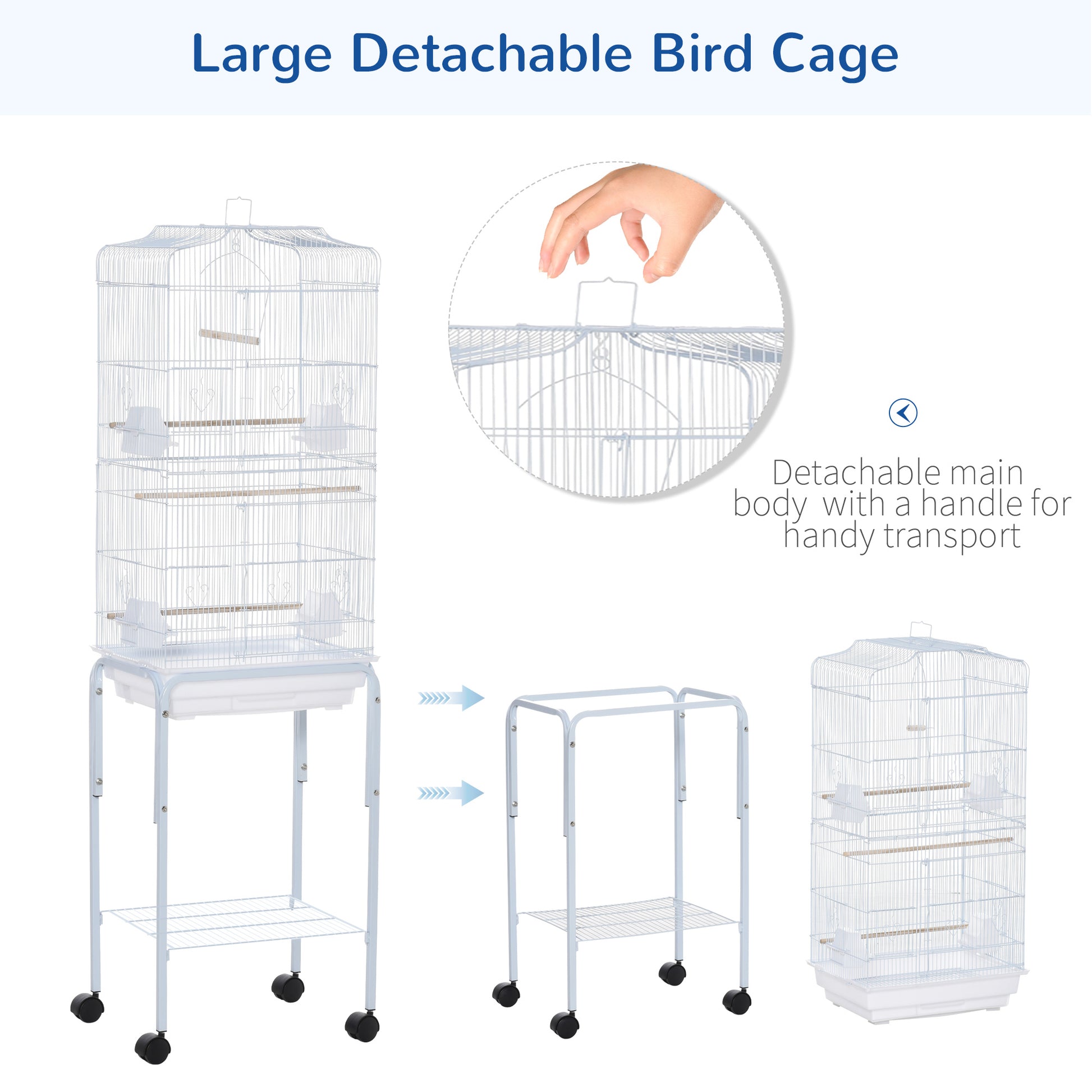 Pawhut 60" Metal Indoor Bird Cage Starter Kit With Detachable Rolling Stand, Storage Basket, And Accessories, White White Steel