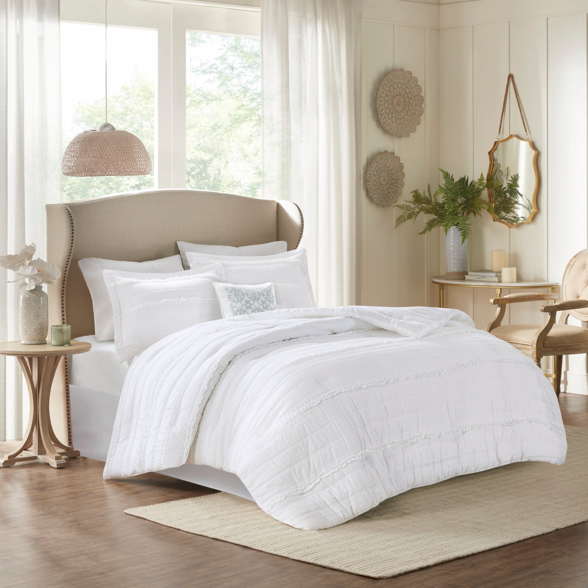 5 Piece Microfiber Ruffled Comforter Set White Cal King California King White Polyester