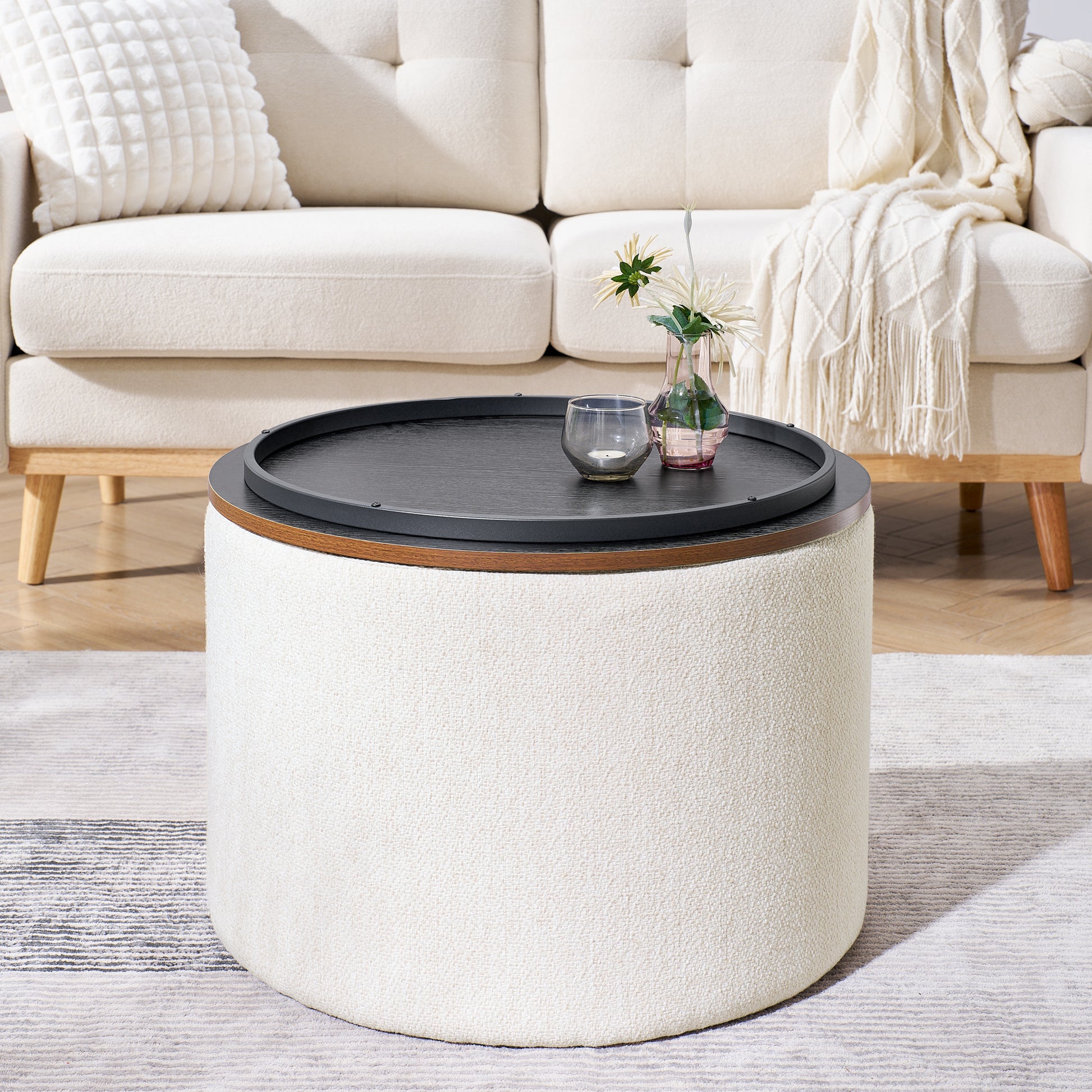 2 Piece Set Round Chenille Storage Ottoman, Equipped With A Drum Shaped Small Stool, Storage Space, And Mdf Made Desktop Panel Beige 23.62"X23.62"X16.53" Beige Chenille