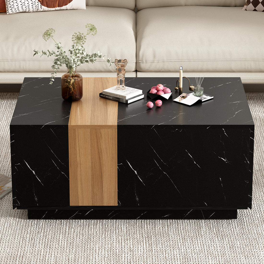 Modern 35.4 X 23.6 Inch Two Tone Coffee Table With Faux Marble And Walnut Wood Grain Finish, Rectangular Center Table With 2 Storage Drawers, Practical Cocktail Table For Living Room, Black Black Primary Living Space Drawers Rectangular Particle Board