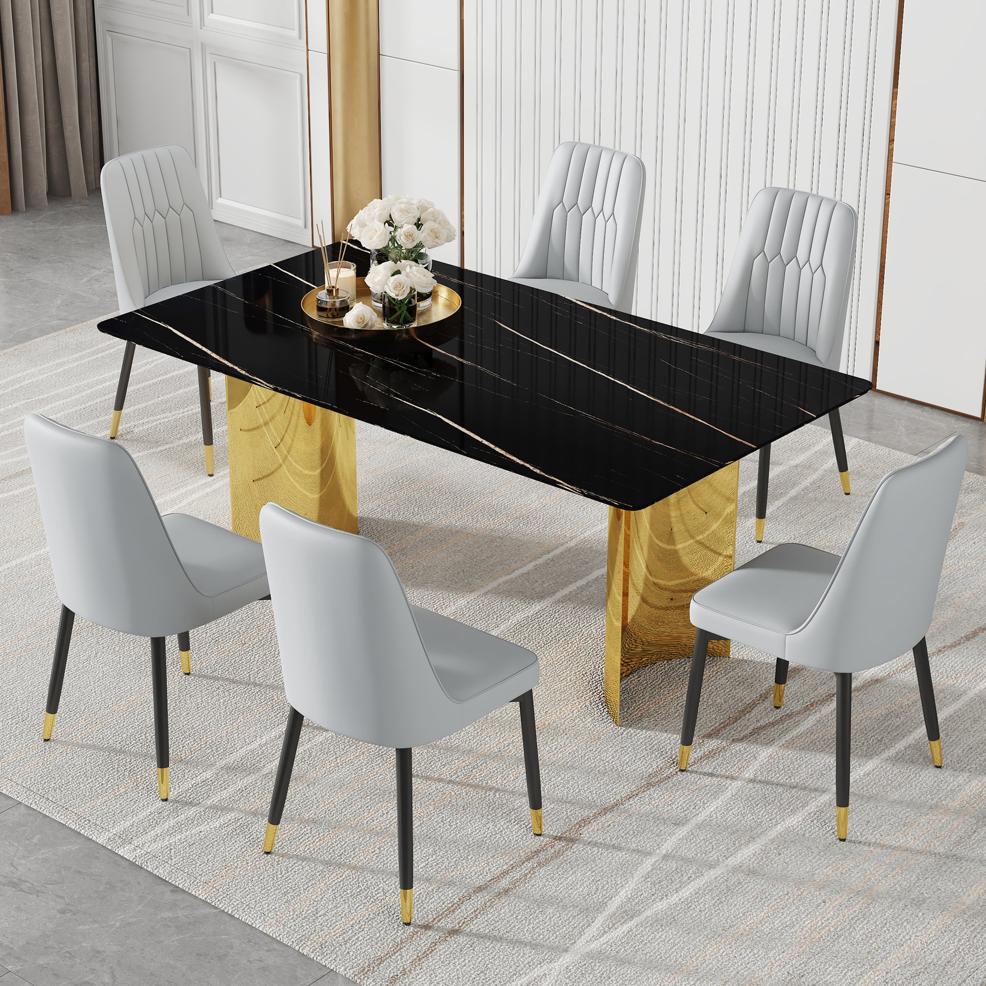 Table And Chair Set.The Table Has A Glass Top With Imitation Marble Pattern Stickers And Stainless Steel Golden Legs. Paried With Chairs With Pu Artificial Leather Backrest Cushions And Black Legs. Black Gold Seats 6 Glass Metal