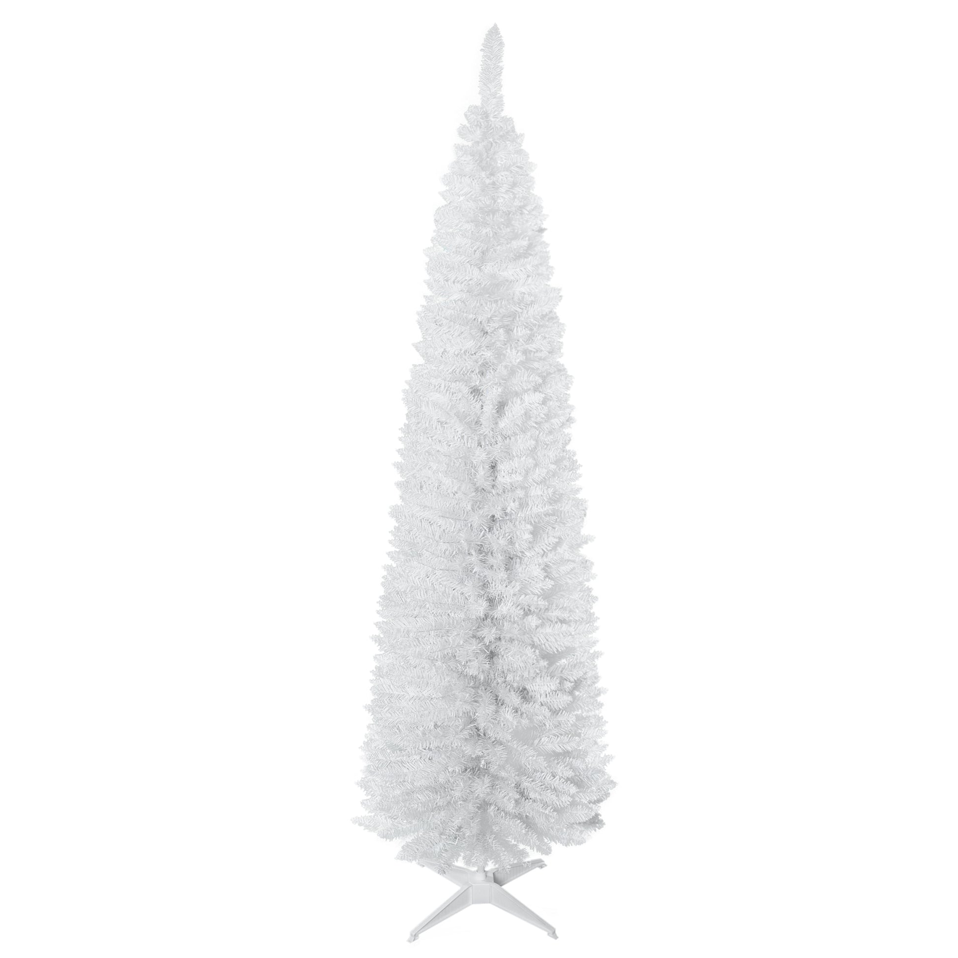 Homcom 7' Artificial Pencil Christmas Tree, Slim Xmas Tree With 499 Realistic Branch Tips And Plastic Stand, White White Polyvinyl Chloride