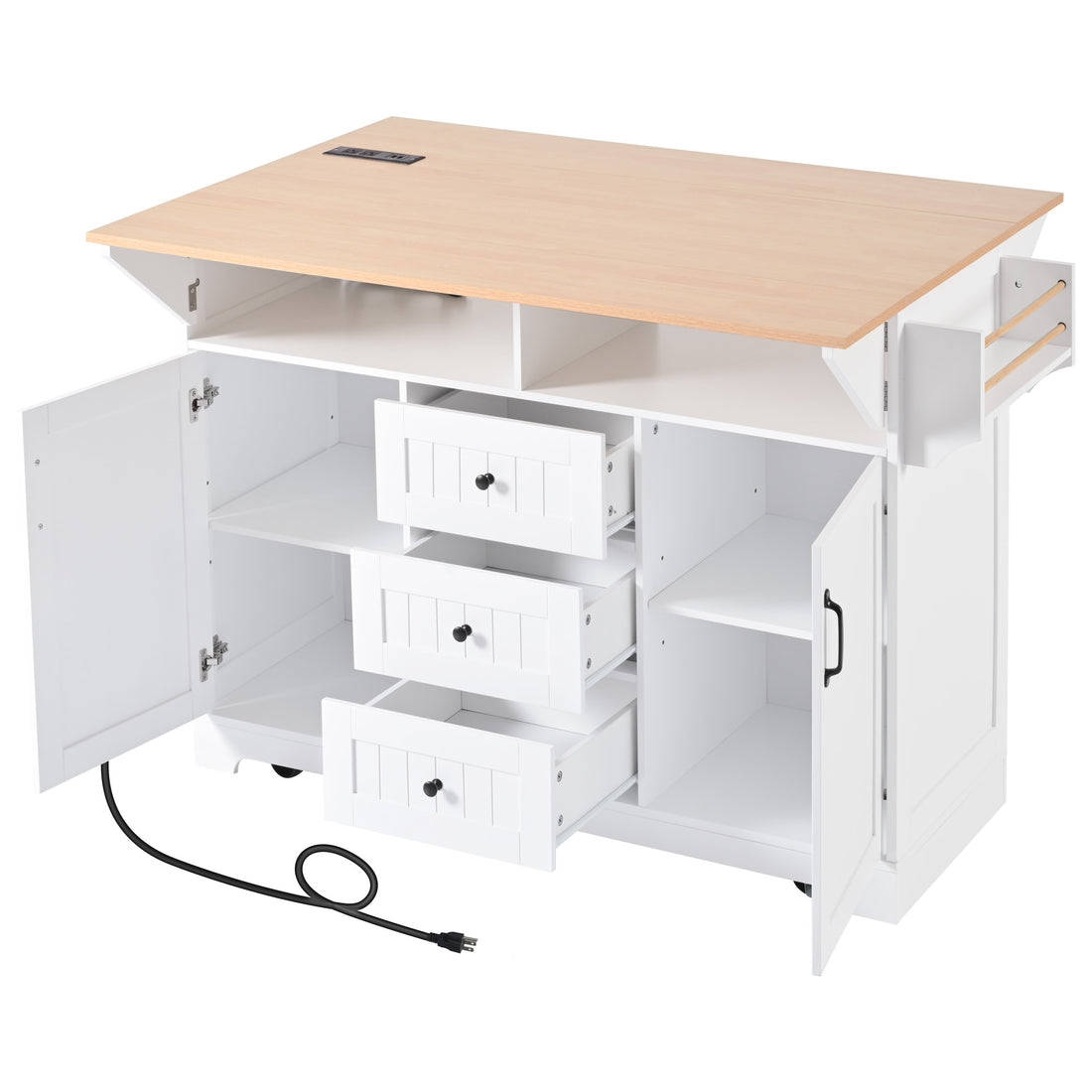 K&K 55.7'' Large Kitchen Island With 2 Drop Leaf, Rolling Kitchen Cart On 5 Wheels With Power Outlet, Folding Storage Dining Table With Spice & Towel Rack3 Drawers, For Kitchen, Dining Room,White White White Kitchen Classic,Farmhouse,Luxury,Modern