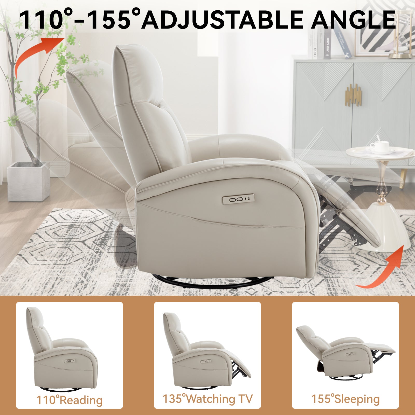 Beige Grey Leatheraire Swivel And Rocker Power Recliner Chair With Lumbar Support, Max Swivel Degree 270 , Heavy Duty Motion Mechanism With Usb And Type C Ports Beige Grey Faux Leather Power Push Button Metal Primary Living Space Medium Firm Pillow Back