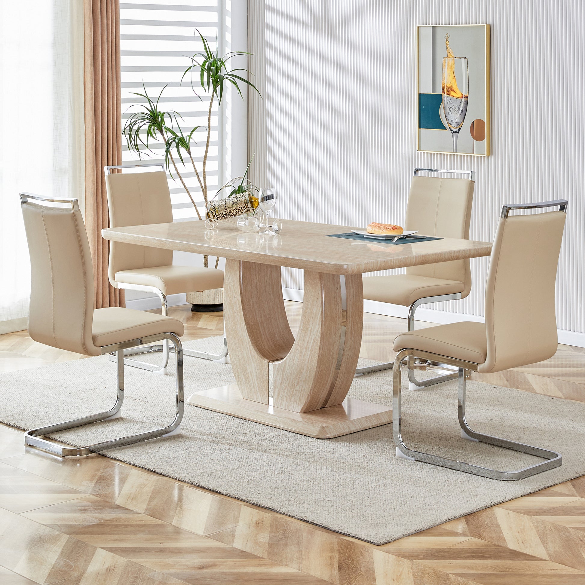 Table And Chair Set.Modern Minimalist Luxury Mdf Rectangular Dining Table With Light Yellow Textured Stickers On The Table, 4 Pu Synthetic Leather High Backrest Soft Cushioned Side Chairs. Light Yellow Seats 4 Mdf