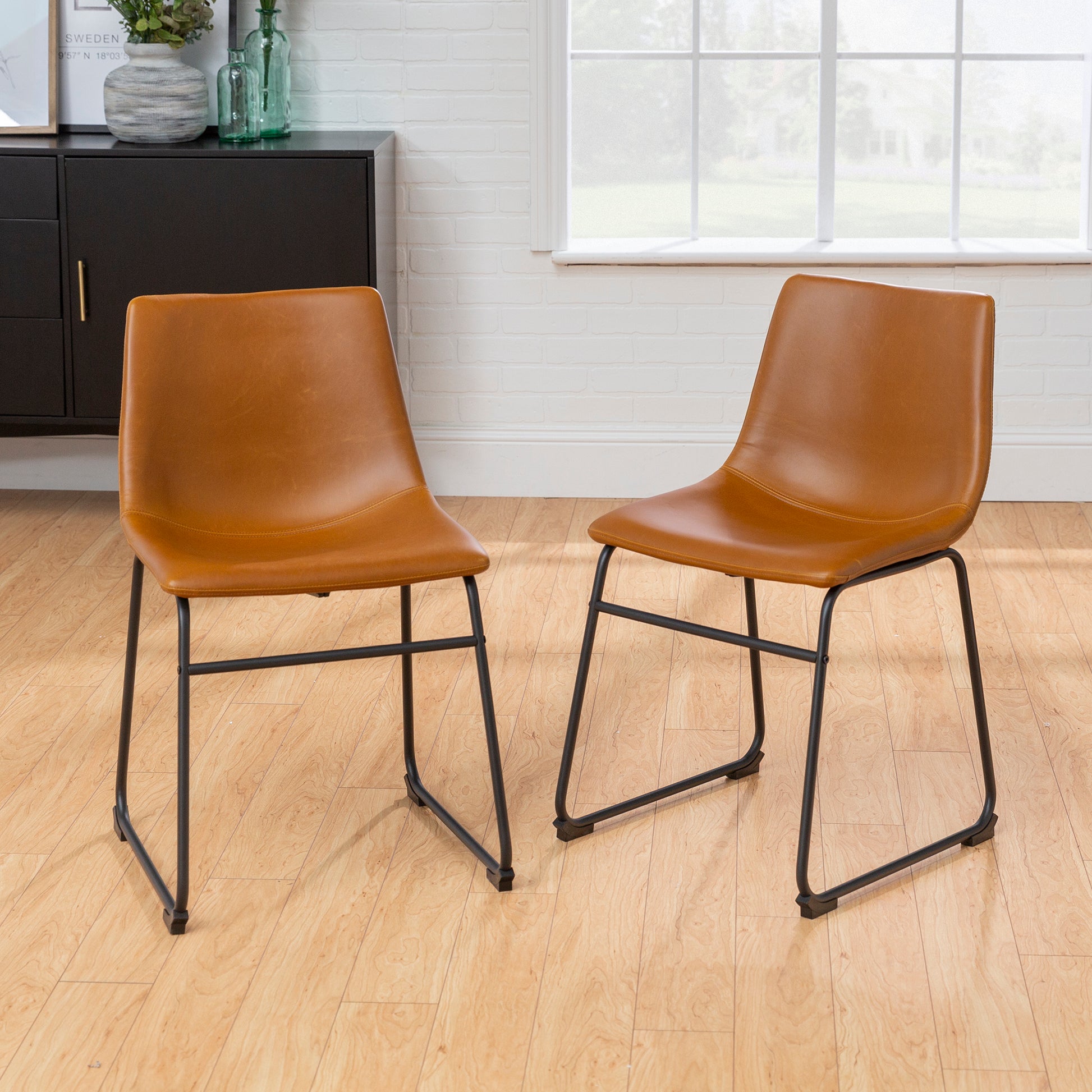 Industrial Faux Leather Dining Chairs, Set Of 2 Whiskey Brown Walnut Polyester Pu Leather