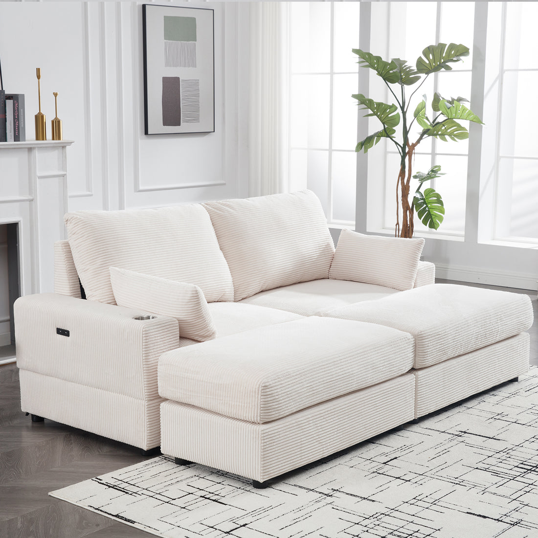 Beige Modern Luxury Twins Sofa Couch For Living Room Quality Corduroy Upholstery Sleeper Sofa Bed Daybed,With Cup Holder And Usb Charging Port Beige Solid Wood 2 Seat