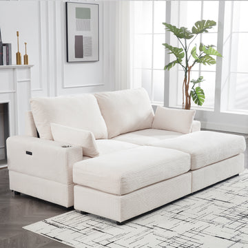 Beige Modern Luxury Twins Sofa Couch For Living Room Quality Corduroy Upholstery Sleeper Sofa Bed Daybed,With Cup Holder And Usb Charging Port Beige Solid Wood 2 Seat