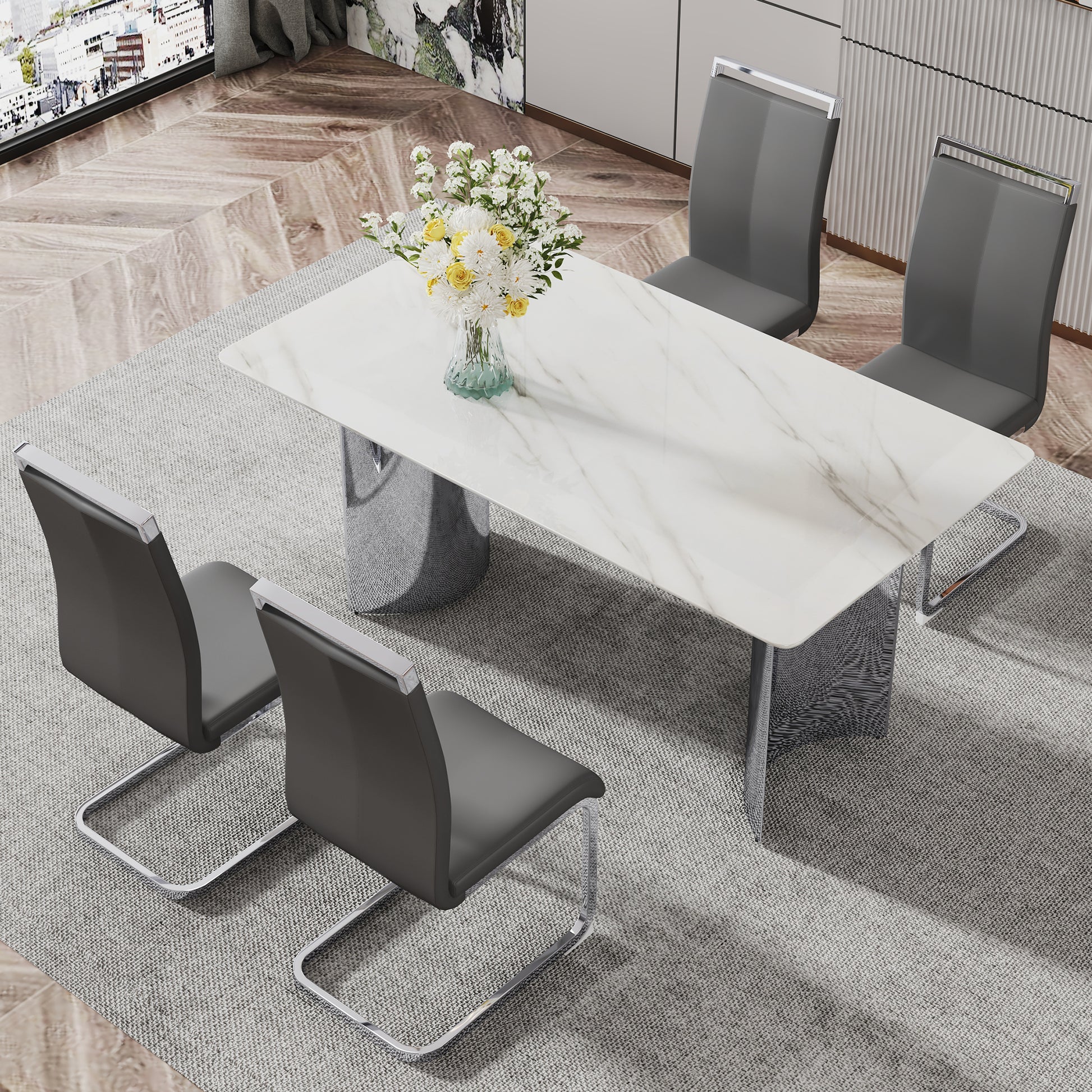 Modern Minimalist Dining Table. Imitation Marble Glass Sticker Desktop, Stainless Steel Legs, Stable And Beautiful. 4 Premium Pu Seats. 63 Inches * 35.4 Inches * 29.5 Inches Dt 69 C 1162 Silver Glass