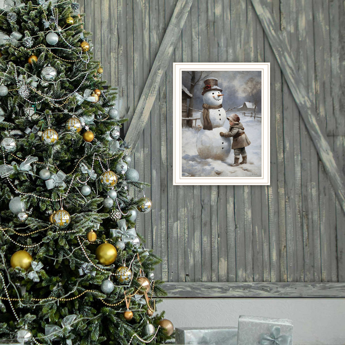Finishing Touch On The Snowman White Framed Wall Art For Living Room, Holiday Wall Art Print For Home Decor, Bedroom Wall Art By Jo Moulton Multicolor Wood Paper