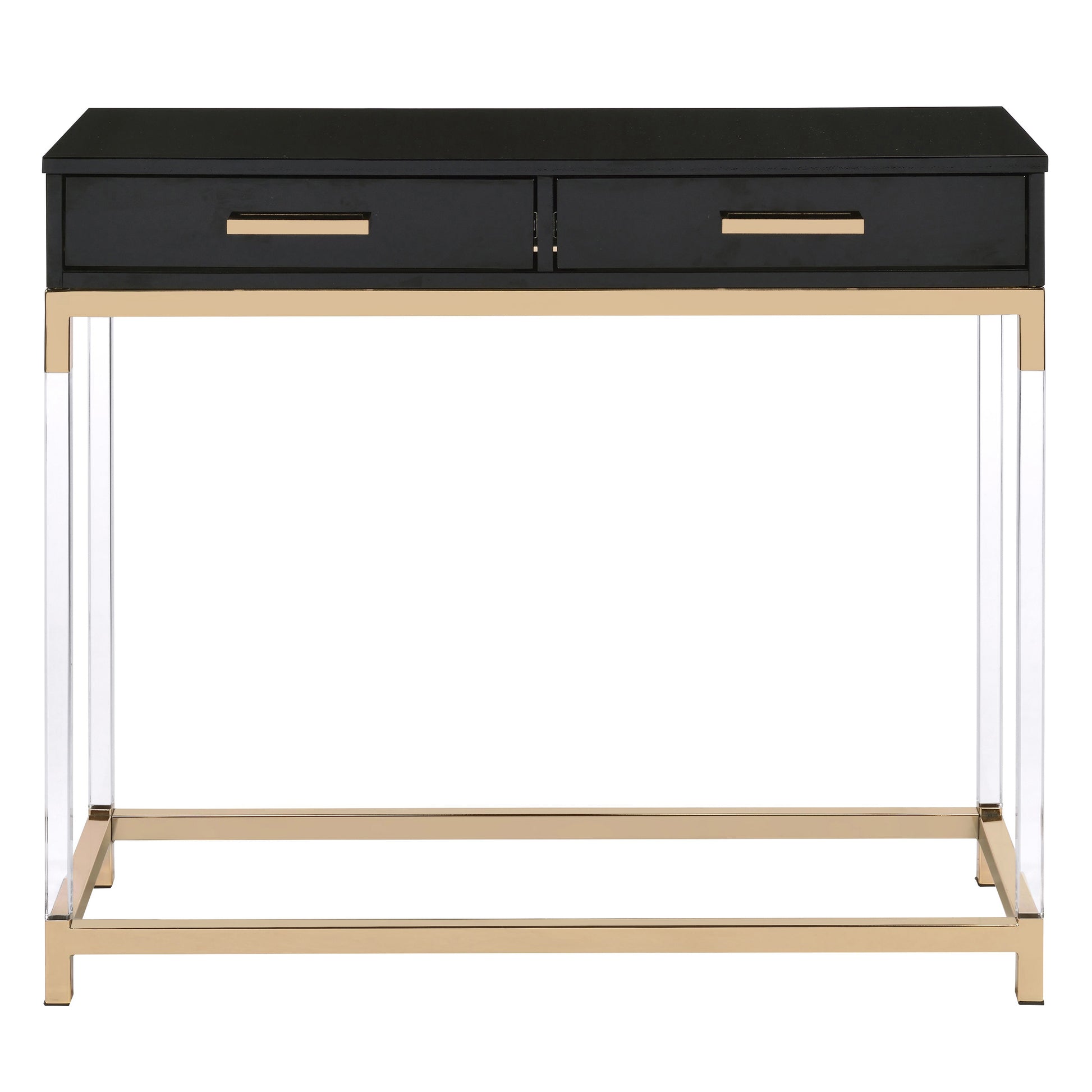 Black High Gloss And Gold Console Table With 2 Drawers Black Gold Primary Living Space Modern Drawers Rectangular Wood Metal