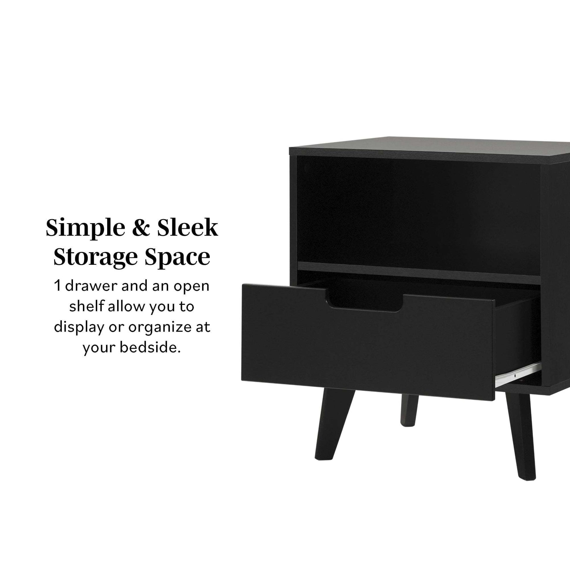 Modern 1 Drawer Nightstand With Open Cubby Black Black Mdf Mdf
