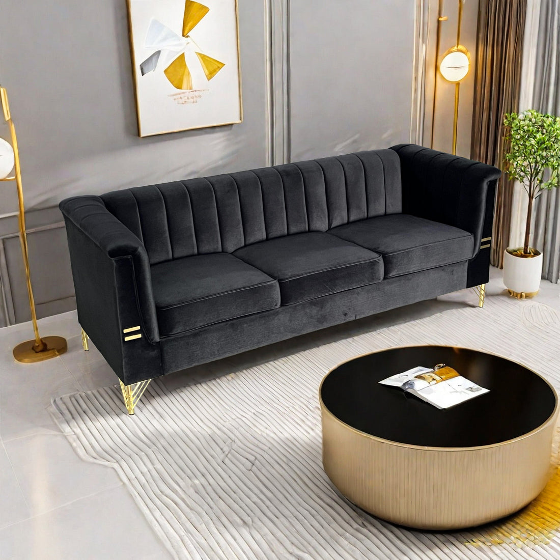Fx P82 Bk Sofa Modern Sofa Couches For Living Room, 82.67Inches Velvet Velvet Tight Back Chesterfield Design Couch Upholstered Sofa With Metal Legs Decor Furniture For Bedroom Black Velvet 3 Seat