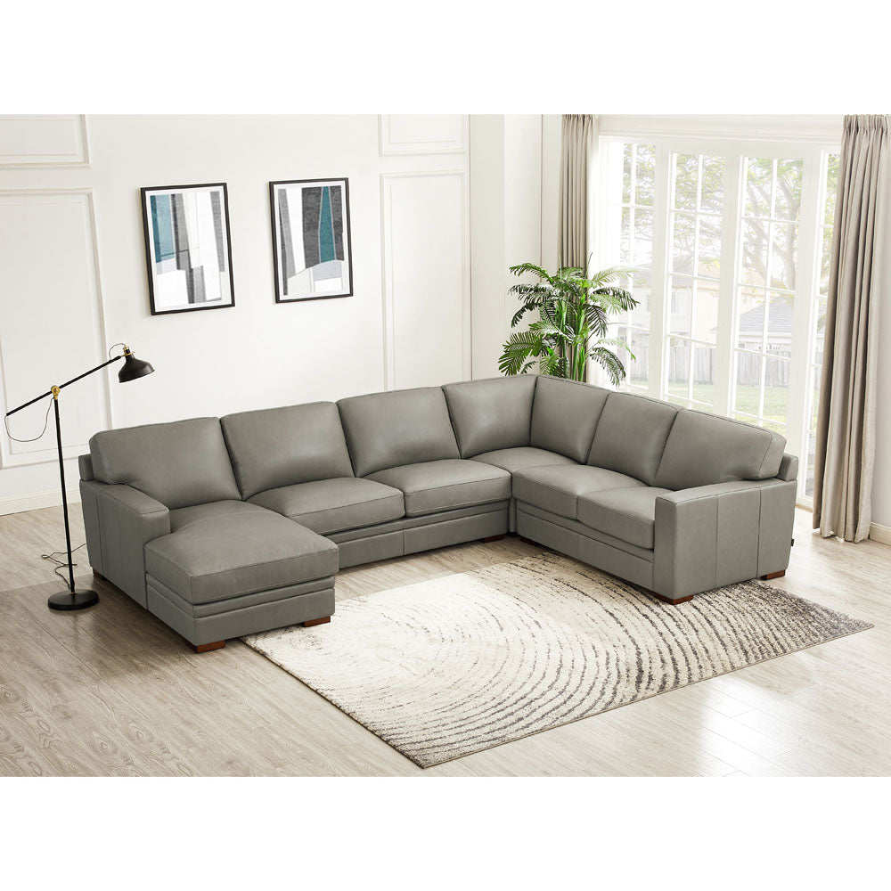 Dillon Leather Left Chaise Sectional Gray Genuine Leather Wood Primary Living Space Medium Firm Cushion Back Mid Century Modern U Shaped Eucalyptus Square Arms Memory Foam Leather 6 Seat