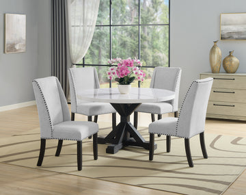 5Pc Dining Set Contemporary Style White Genuine Marble Round Table Top Dove Gray Upholstery Wing Back Chairs Black Finish Wooden Solid Wood Dining Room Furniture Wood Wood Gray Seats 4 Wood Dining Room Contemporary,Modern,Transitional Round Dining Table