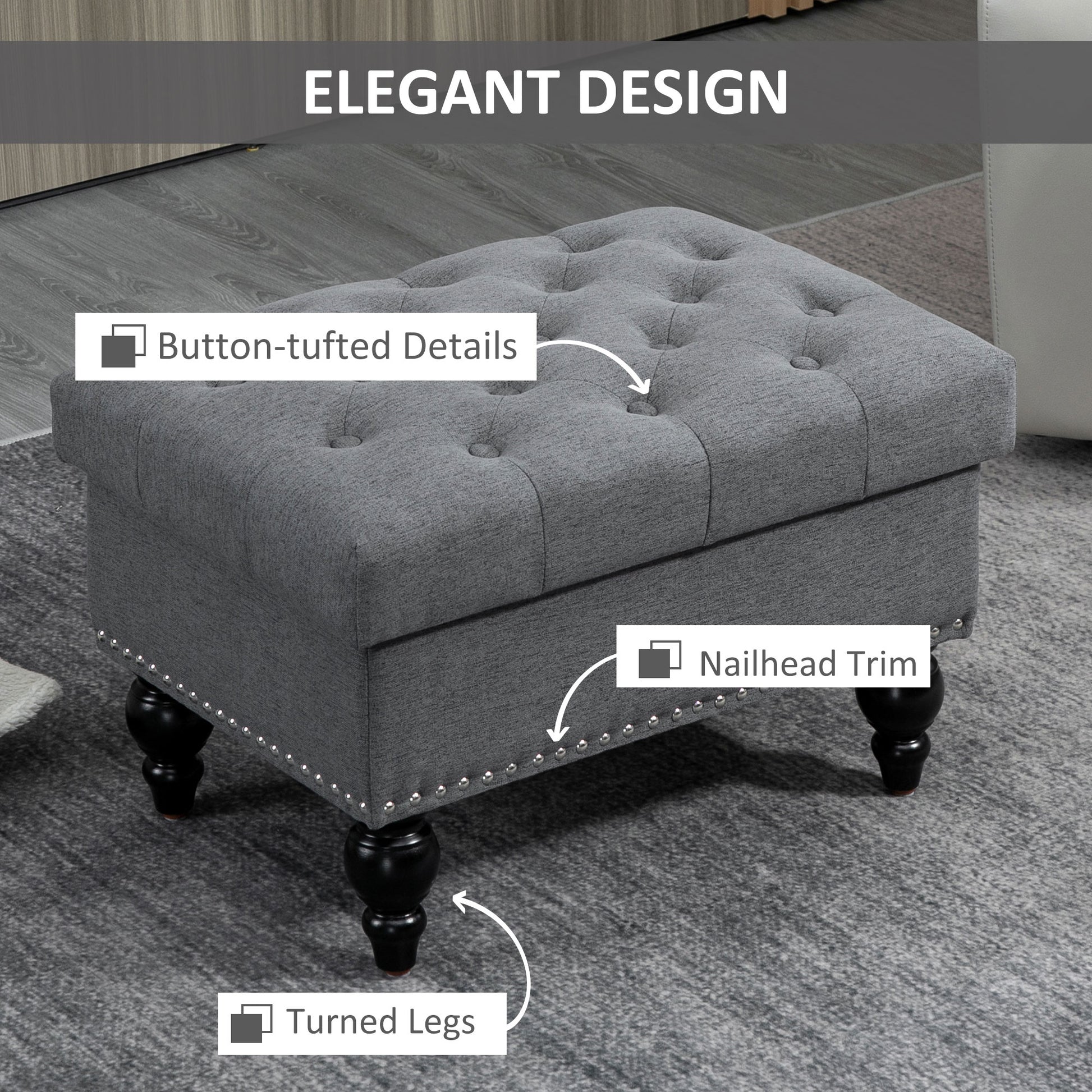 Homcom Ottoman With Storage For Living Room, 25" Storage Ottoman With Removable Lid, Button Tufted Fabric Bench For Footrest And Seat With Wood Legs, Gray Gray Linen