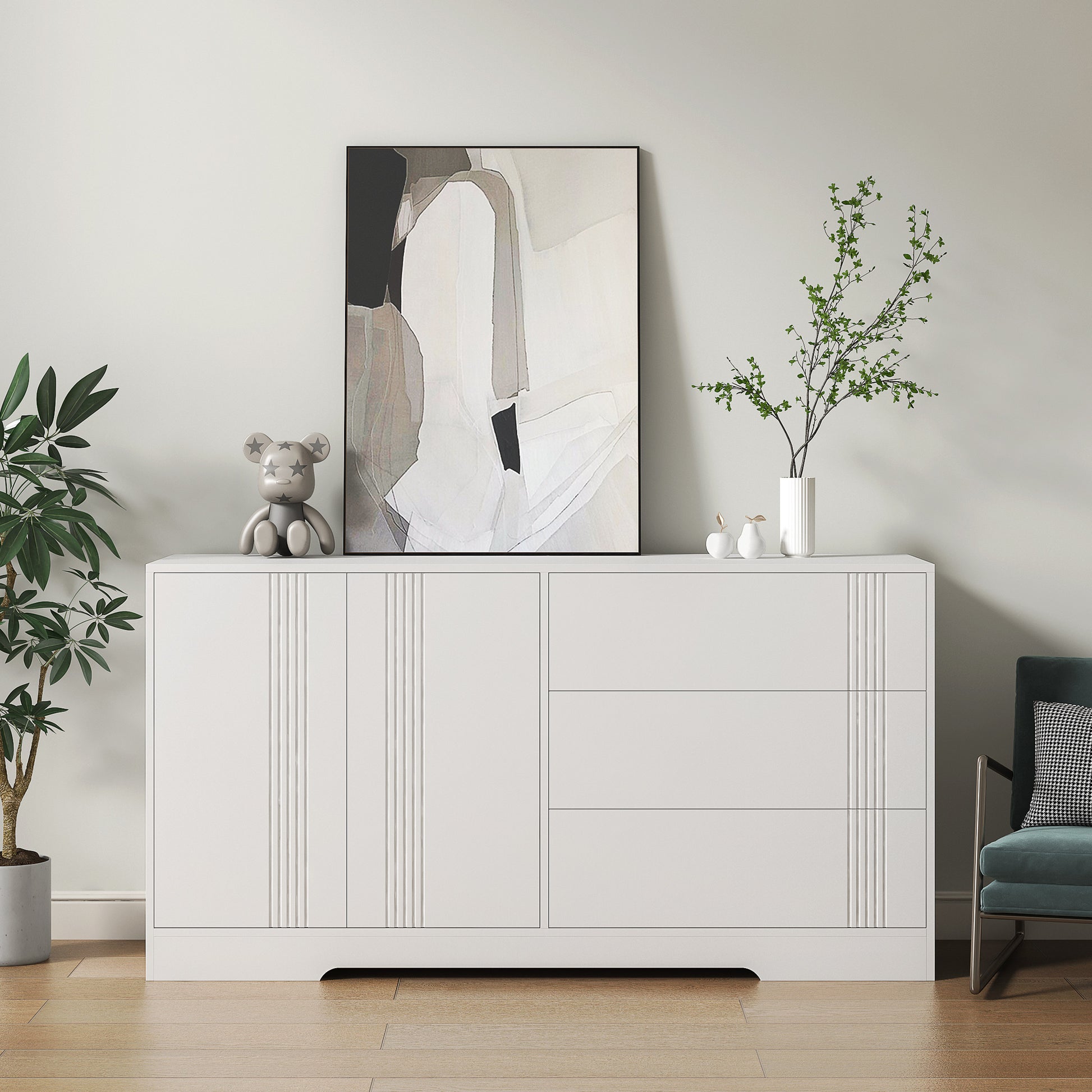 Sideboard Buffet Cabinet With Storage, Modern Kitchen Buffet Storage Cabinet With Drawer And Doors, Large Coffee Bar With Adjustable Shelves For Kitchen White Mdf