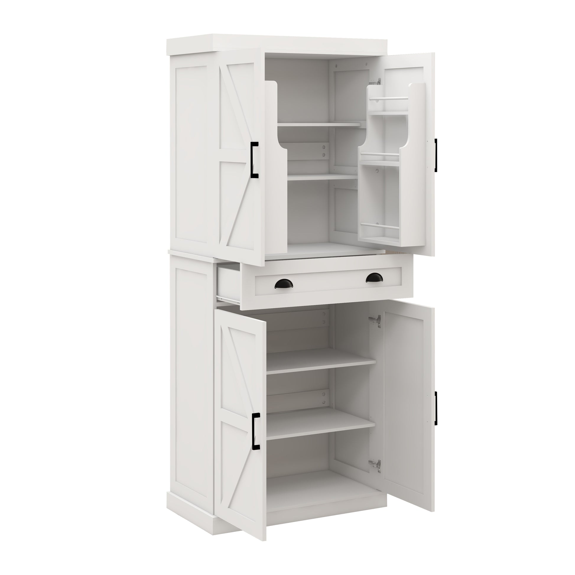 71" Kitchen Pantry Storage Cabinet With 4 Doors 2Doors With Racks ,1 Drawer, 2 Adjustable Shelves, Freestanding Cupboard For Kitchen, Dining Room And Living Room White White Mdf