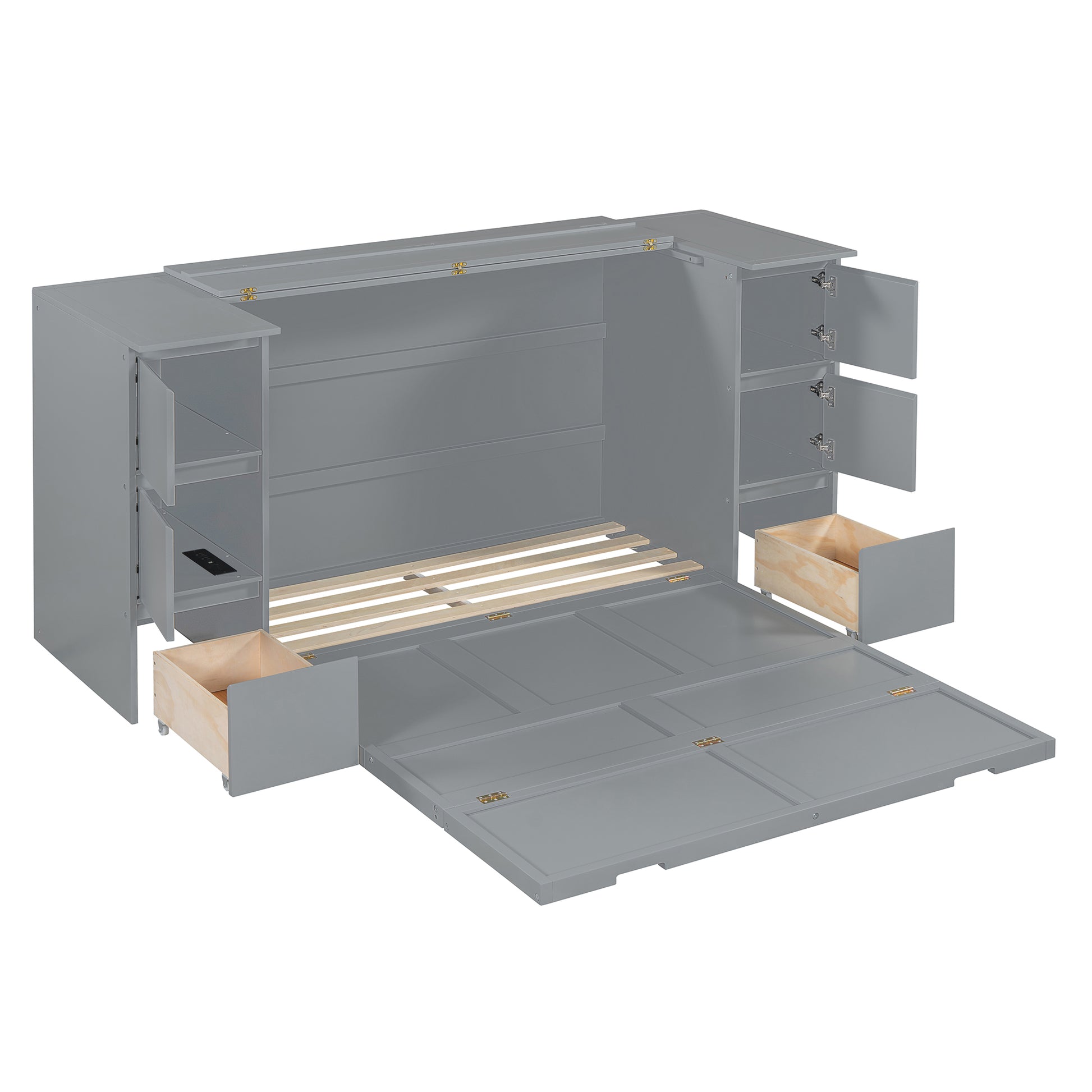 Full Size Murphy Bed With Drawers, Cabinets And Usb Ports,Gray Full Gray Mdf Lvl