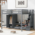 Full Size Loft Bed Frame With Wardrobe,Low Storage Table And Storage Staircase,Gray Gray Solid Wood Mdf