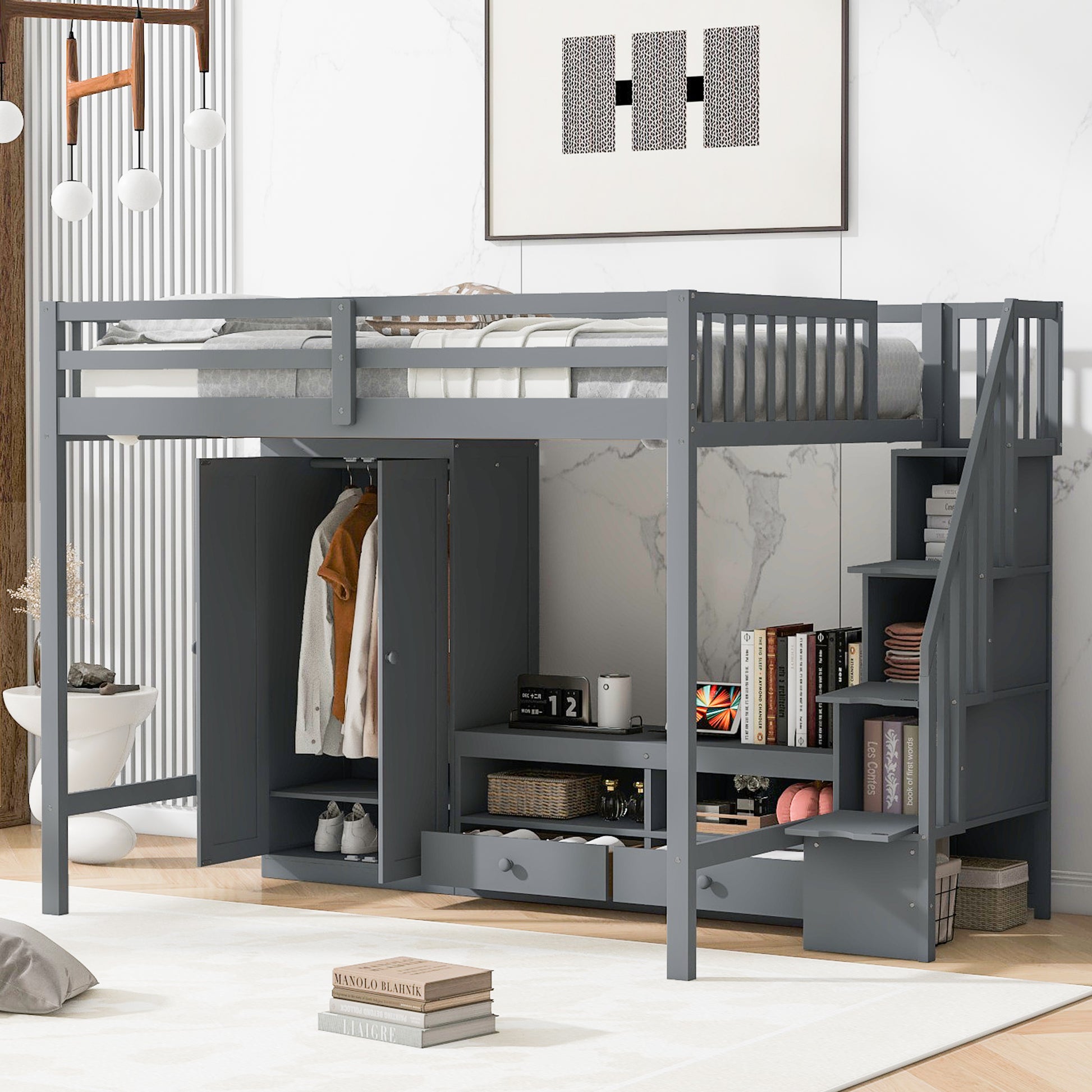 Full Size Loft Bed Frame With Wardrobe,Low Storage Table And Storage Staircase,Gray Gray Solid Wood Mdf