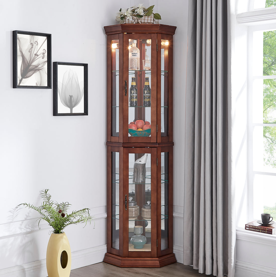 Corner Curio Cabinet with Lights, Adjustable Tempered walnut-mdf