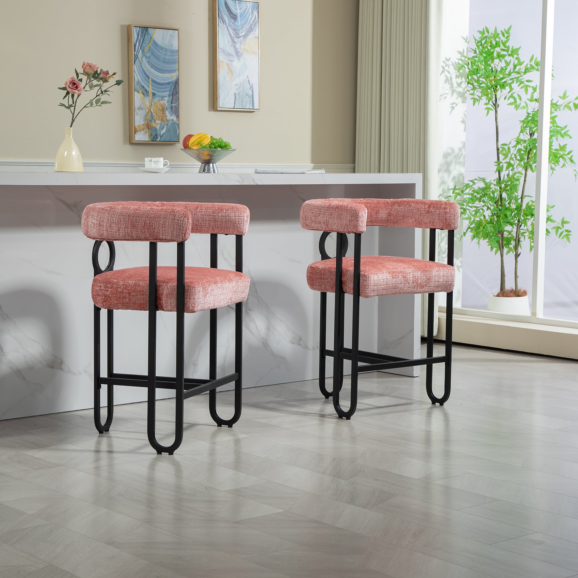 Coolmore Bar Stools Set Of 1, Modern Bar Stool With Back, Black Metal Frames, Upholstered Bar Stools For Kitchen Island, Pub, Club Pink Chenille Pink Primary Living Space Foam Chenille