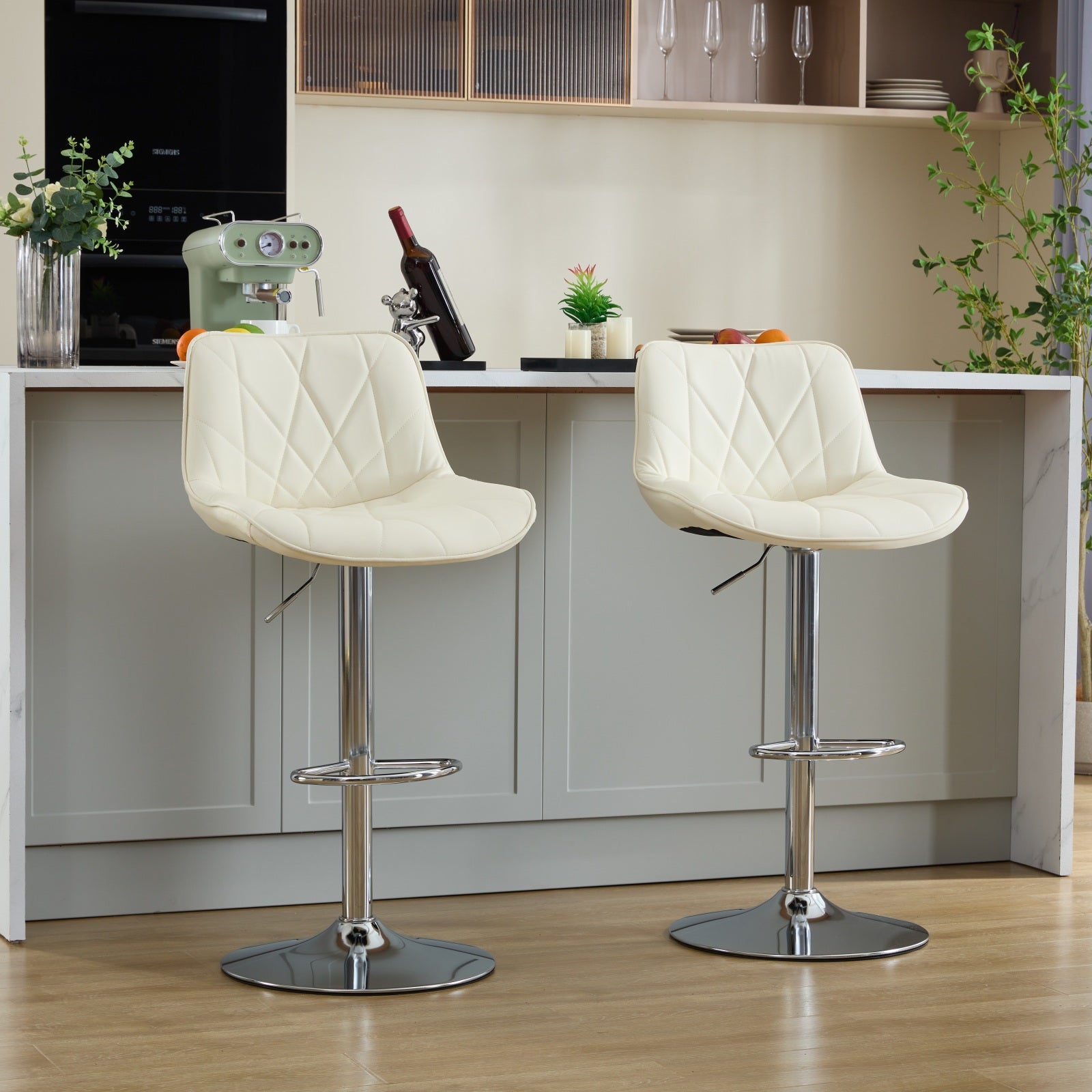 Counter Height Bar Stools Kitchen Island Barstools Adjustable Swivel Counter Stool Bar Height Island Chairs With Back,Set Of 2, Cream Cream American Design Set Of 2 Foam Pu Leather