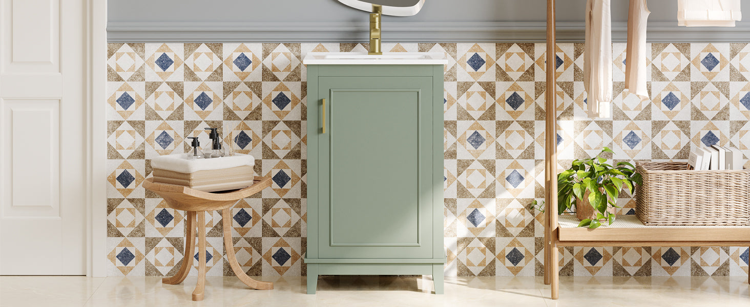 Viedo 20 Inch Modern Small Bathroom Vanity Cabinet With Ceramic Basin 20*15.5*33.3 Inches,Ample Storage,1 Soft Close Door Green Bathroom Solid Wood Mdf