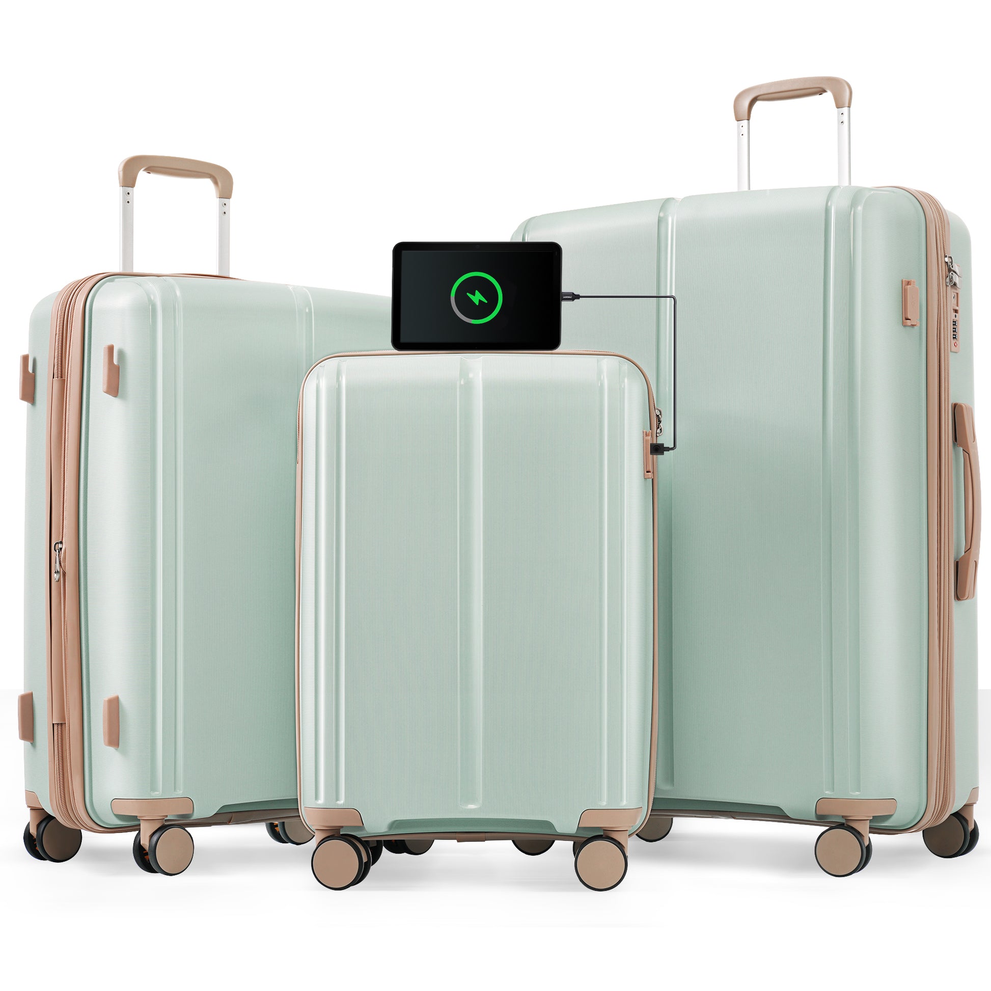 Luggage Sets 3 Piece Suitcase Set 20 24 28 With Usb Port,Carry On Luggage Airline Approved,Pp Lightweight Suitcase With Spinner Wheels,Grey Green And Golden Light Green Polypropylene